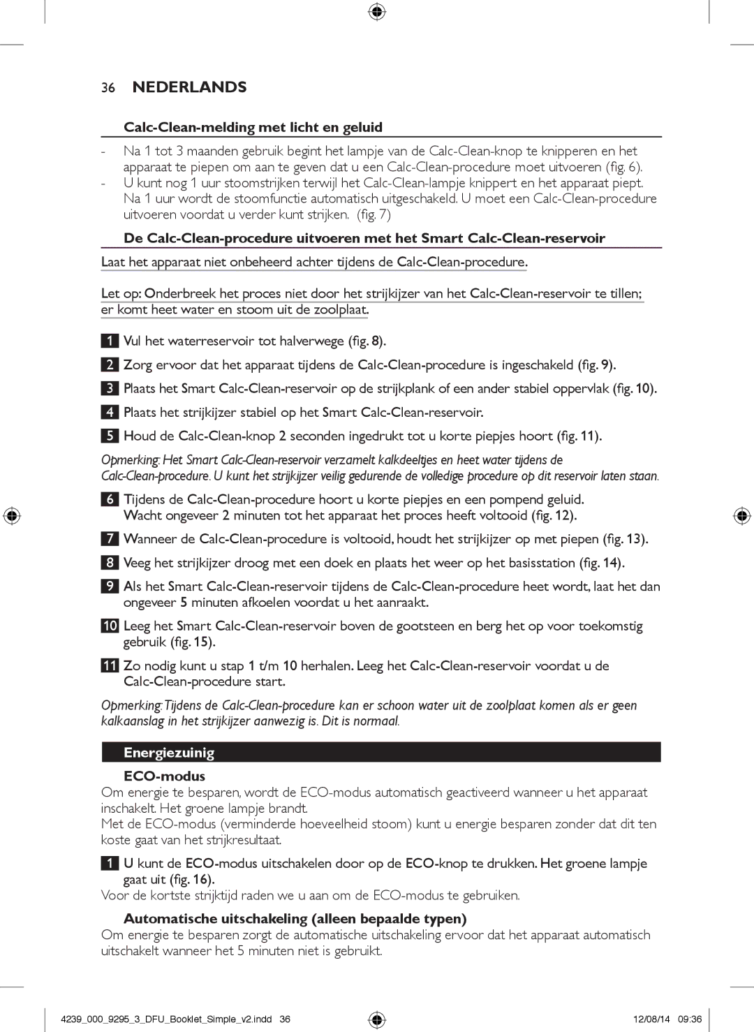 Philips GC7000 user manual Nederlands, Calc-Clean-melding met licht en geluid, Energiezuinig, ECO-modus 