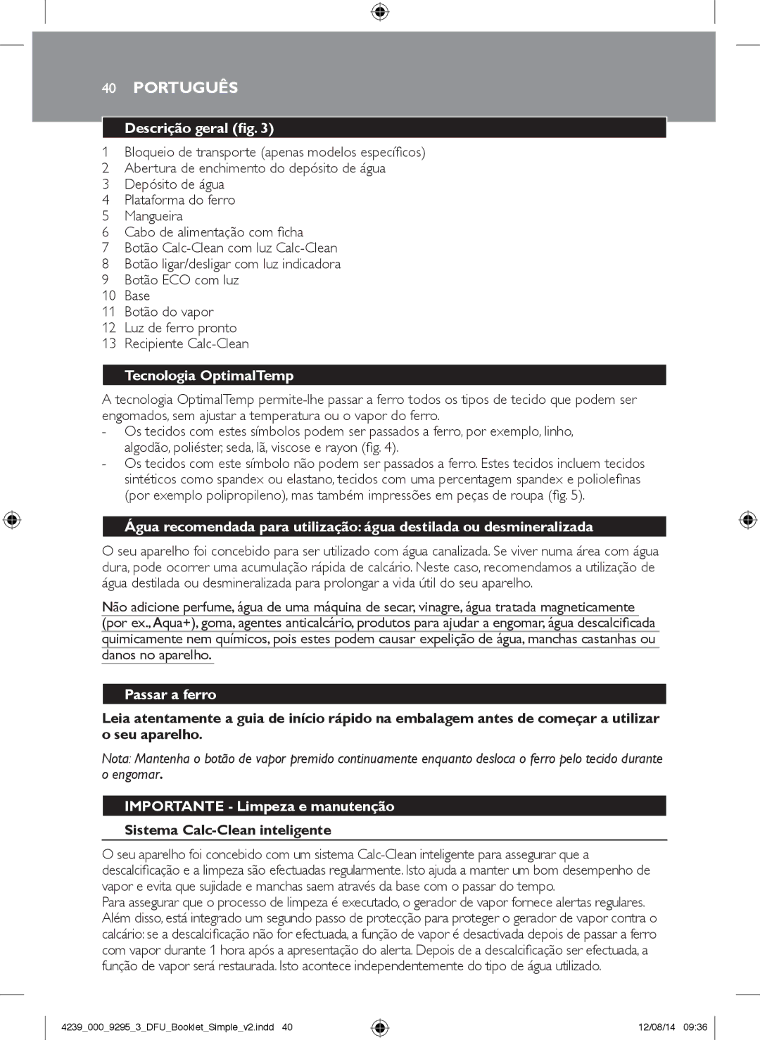 Philips GC7000 user manual Português, Descrição geral fig, Passar a ferro, Importante Limpeza e manutenção 