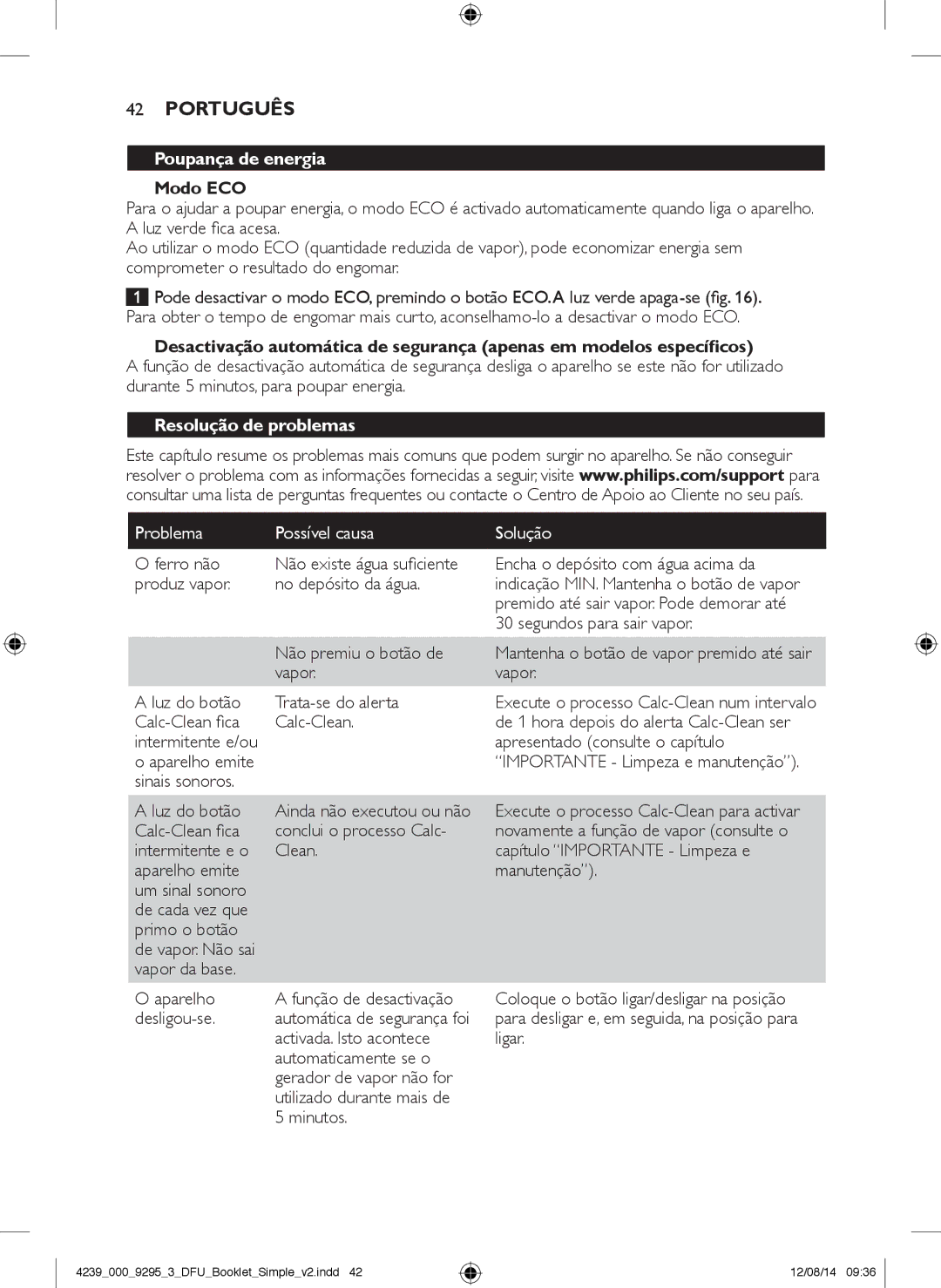 Philips GC7000 user manual Poupança de energia, Modo ECO, Resolução de problemas, Problema Possível causa Solução 