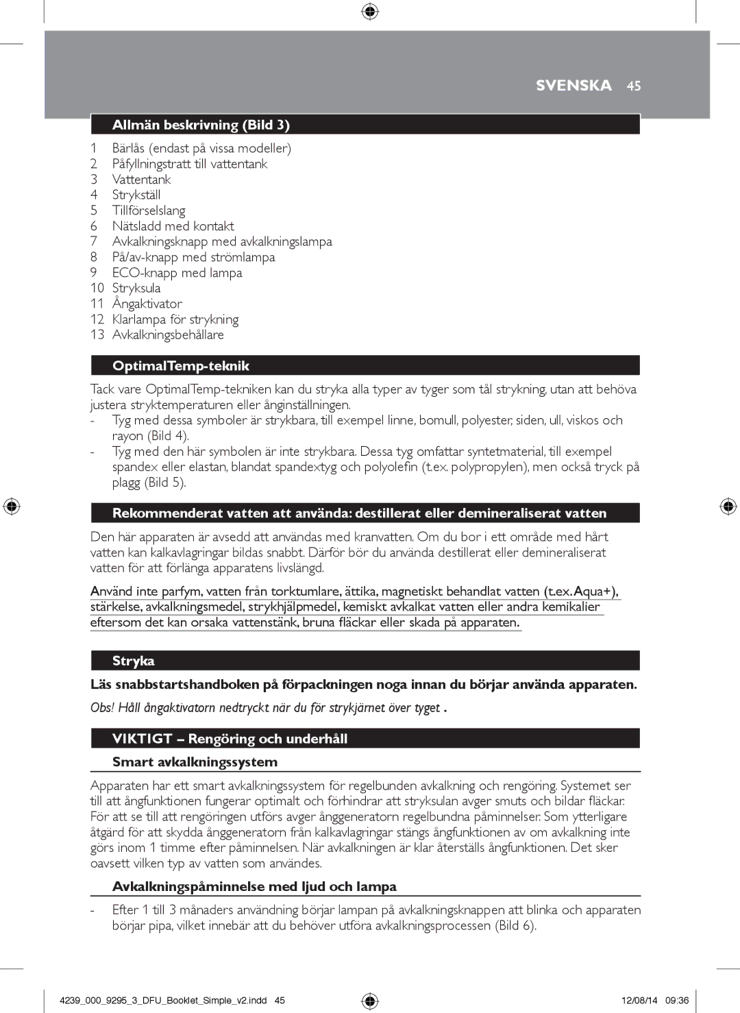 Philips GC7000 user manual Svenska, Allmän beskrivning Bild, OptimalTemp-teknik, Stryka, Viktigt Rengöring och underhåll 