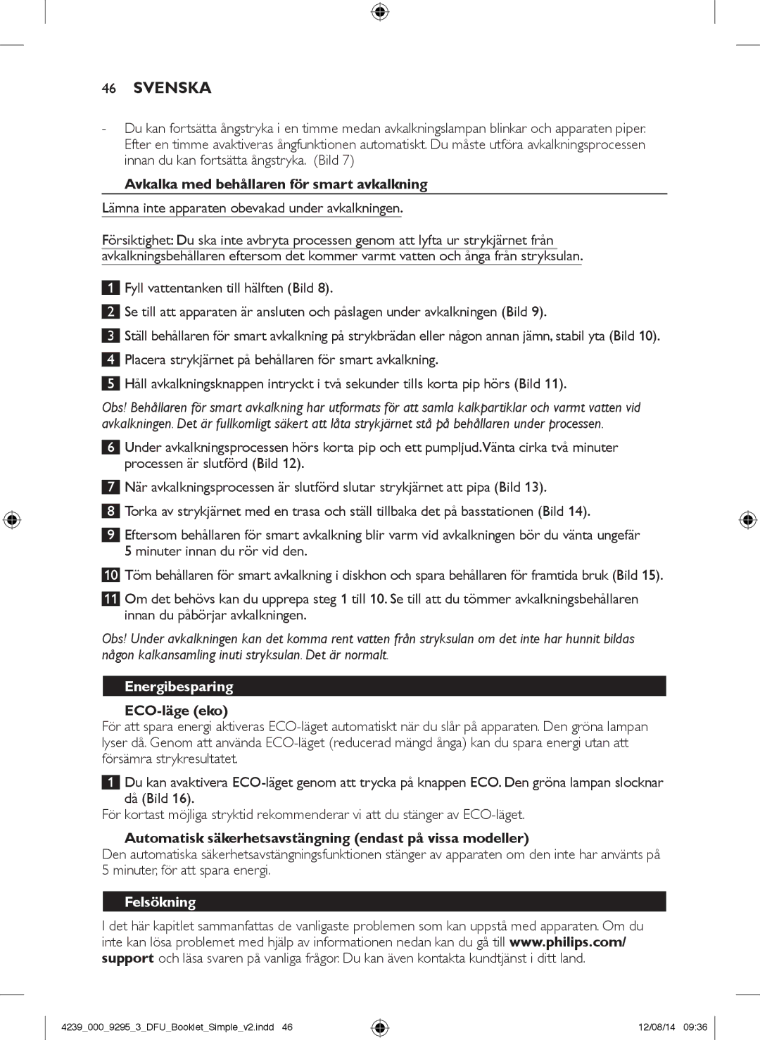 Philips GC7000 user manual Svenska, Energibesparing, Felsökning 