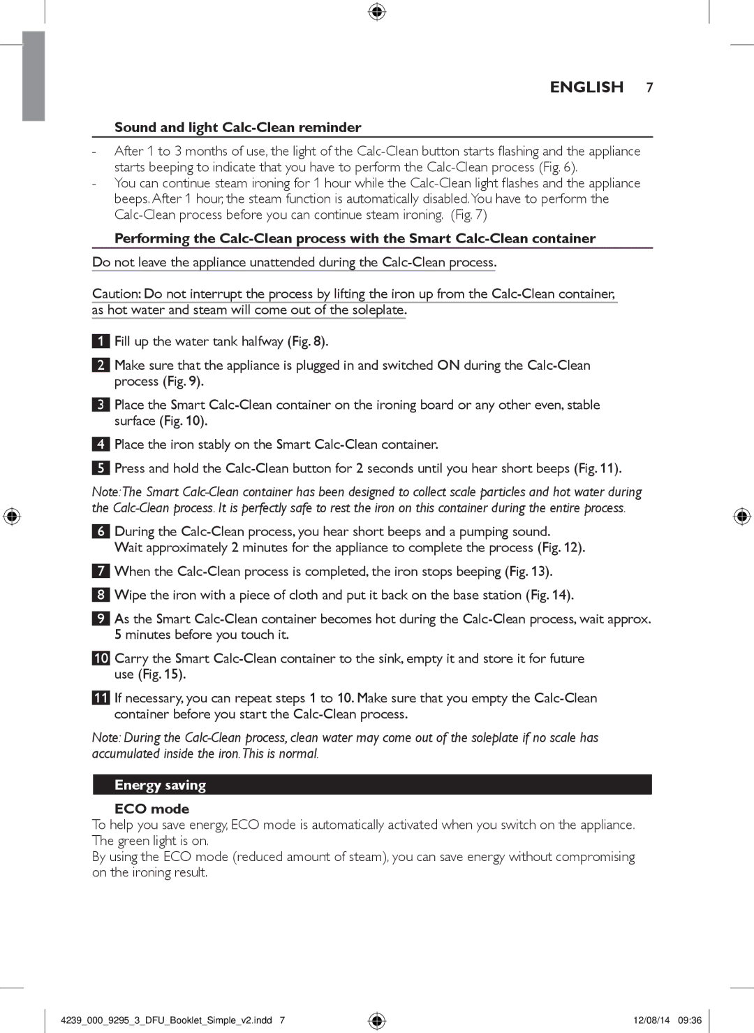 Philips GC7000 user manual English, Sound and light Calc-Clean reminder, Energy saving, ECO mode 