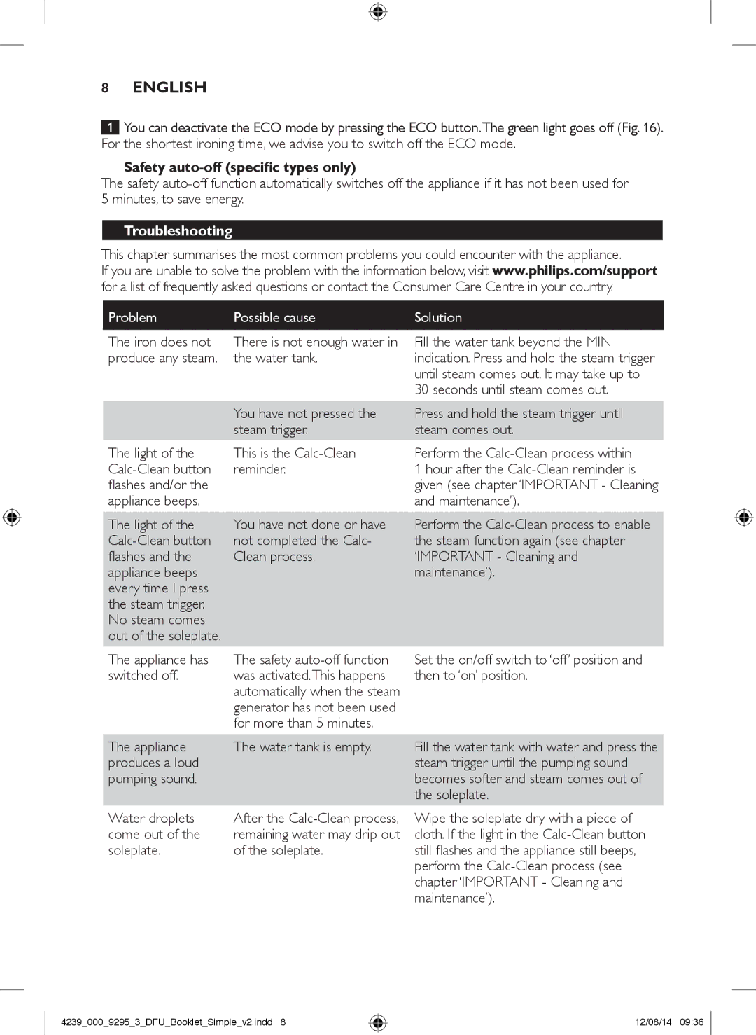 Philips GC7000 user manual Safety auto-off specific types only, Troubleshooting, Problem Possible cause Solution 