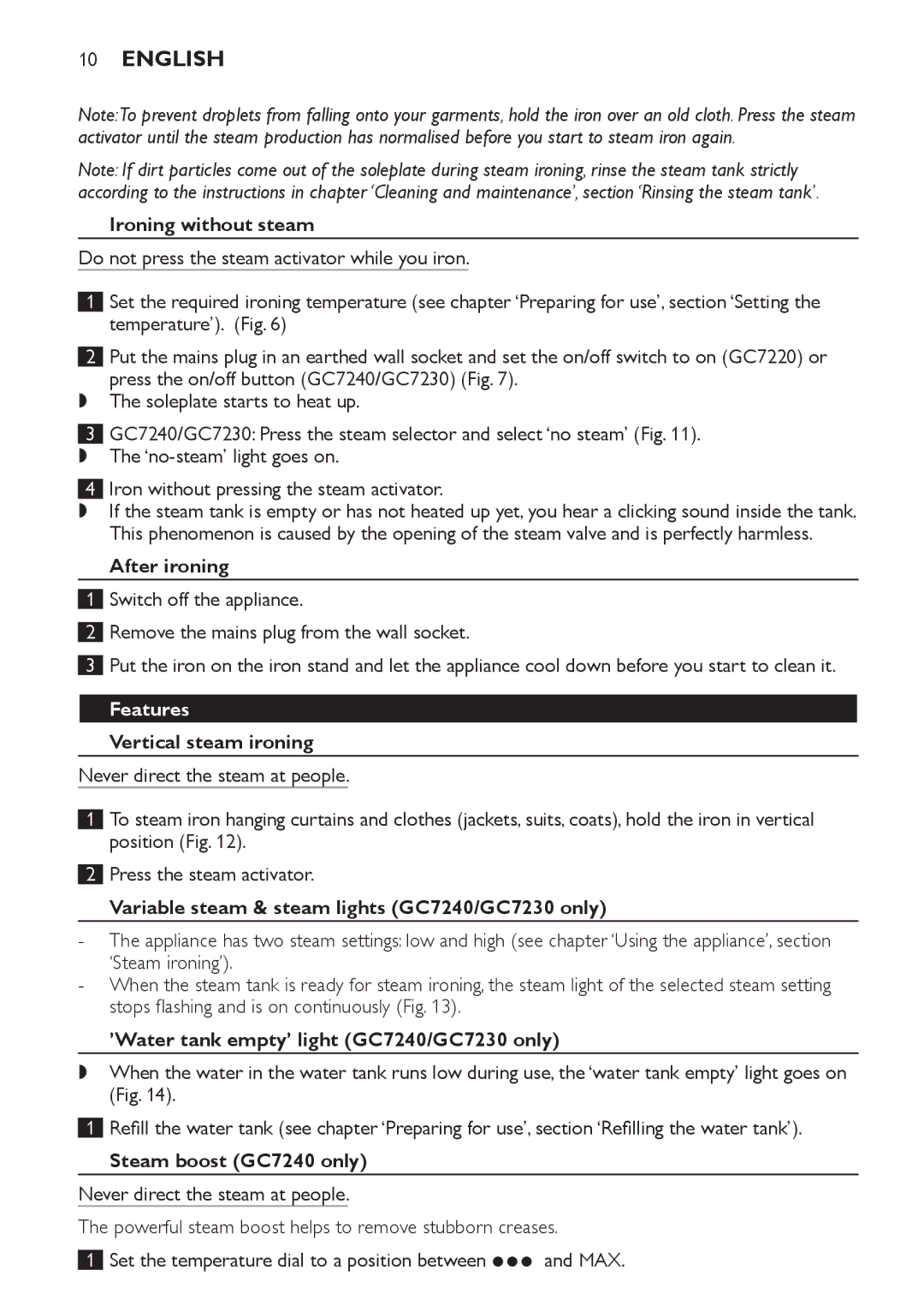 Philips GC7230, GC7220, GC7240 manual Features 