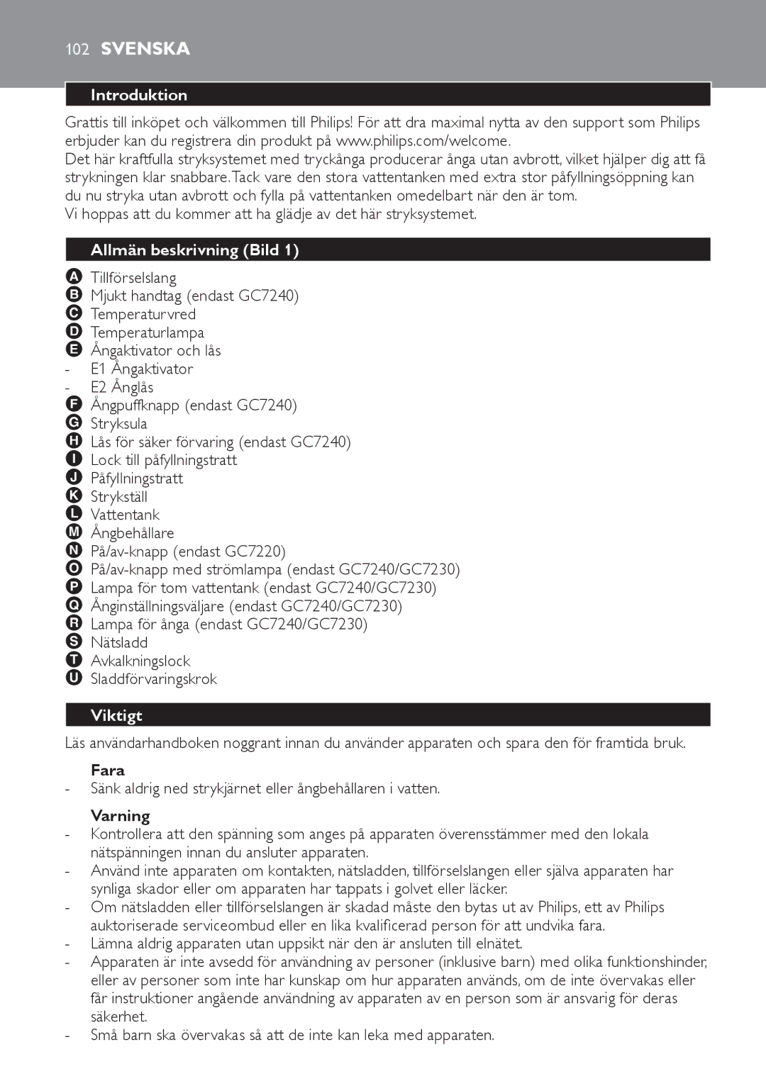 Philips GC7220, GC7230, GC7240 manual Svenska, Allmän beskrivning Bild, Viktigt, Fara, Varning 