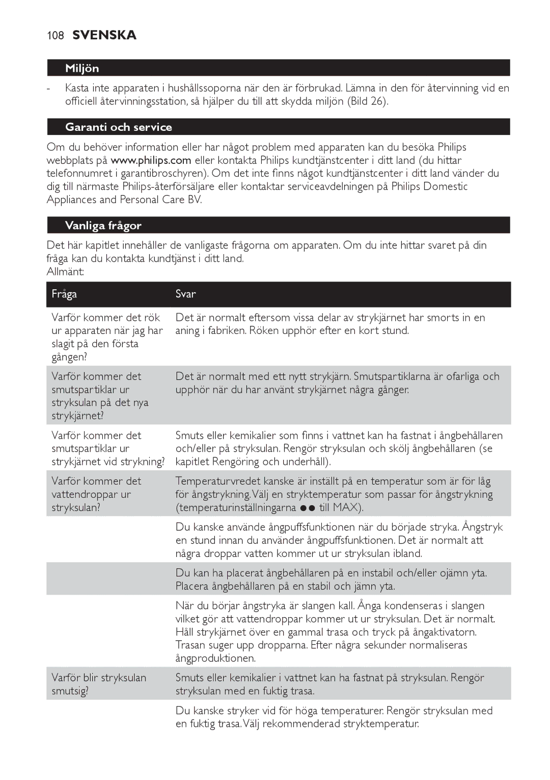 Philips GC7220, GC7230, GC7240 manual Miljön, Garanti och service Vanliga frågor, Fråga Svar 