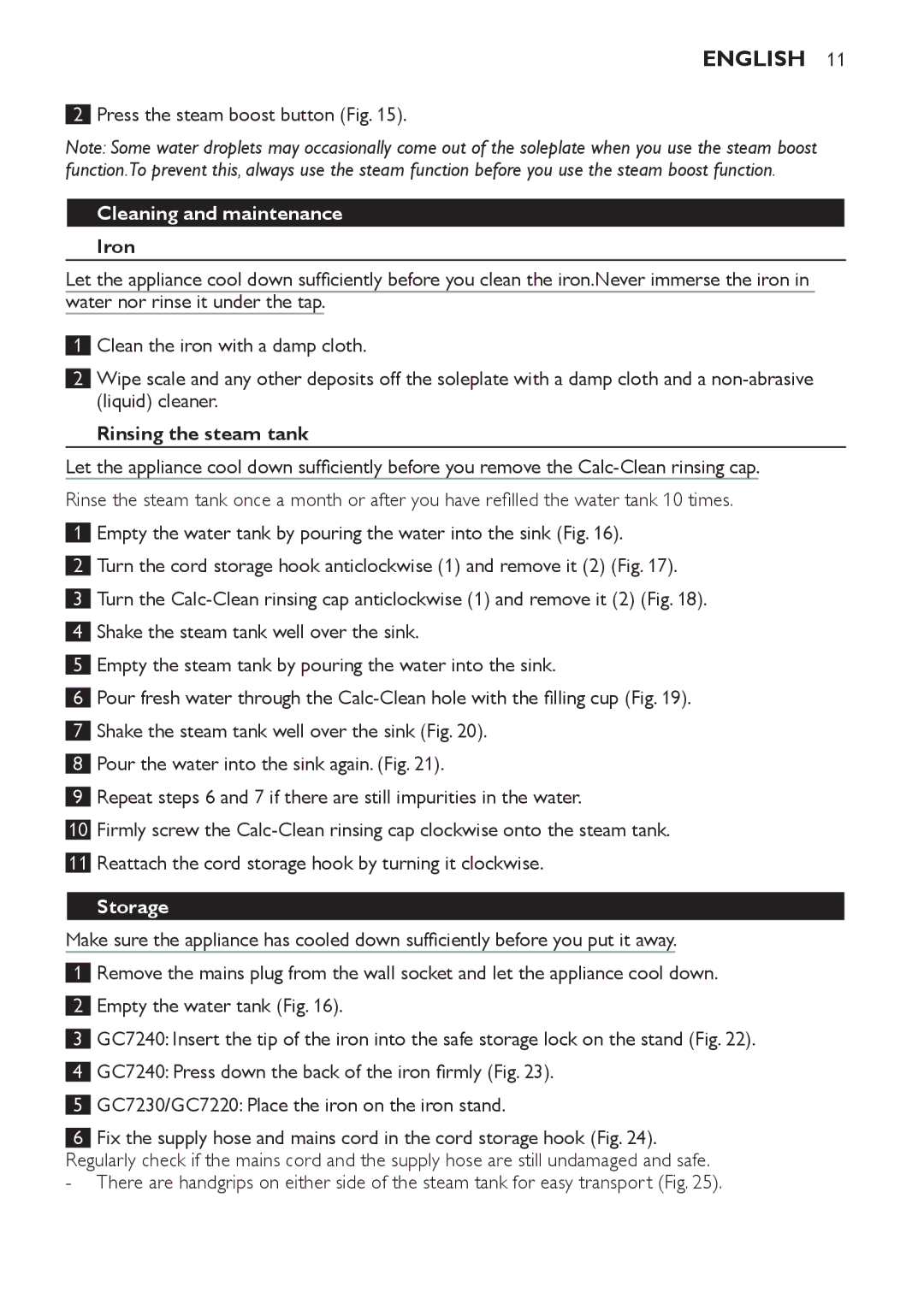 Philips GC7240, GC7220 Press the steam boost button Fig, Cleaning and maintenance, Iron, Rinsing the steam tank, Storage 