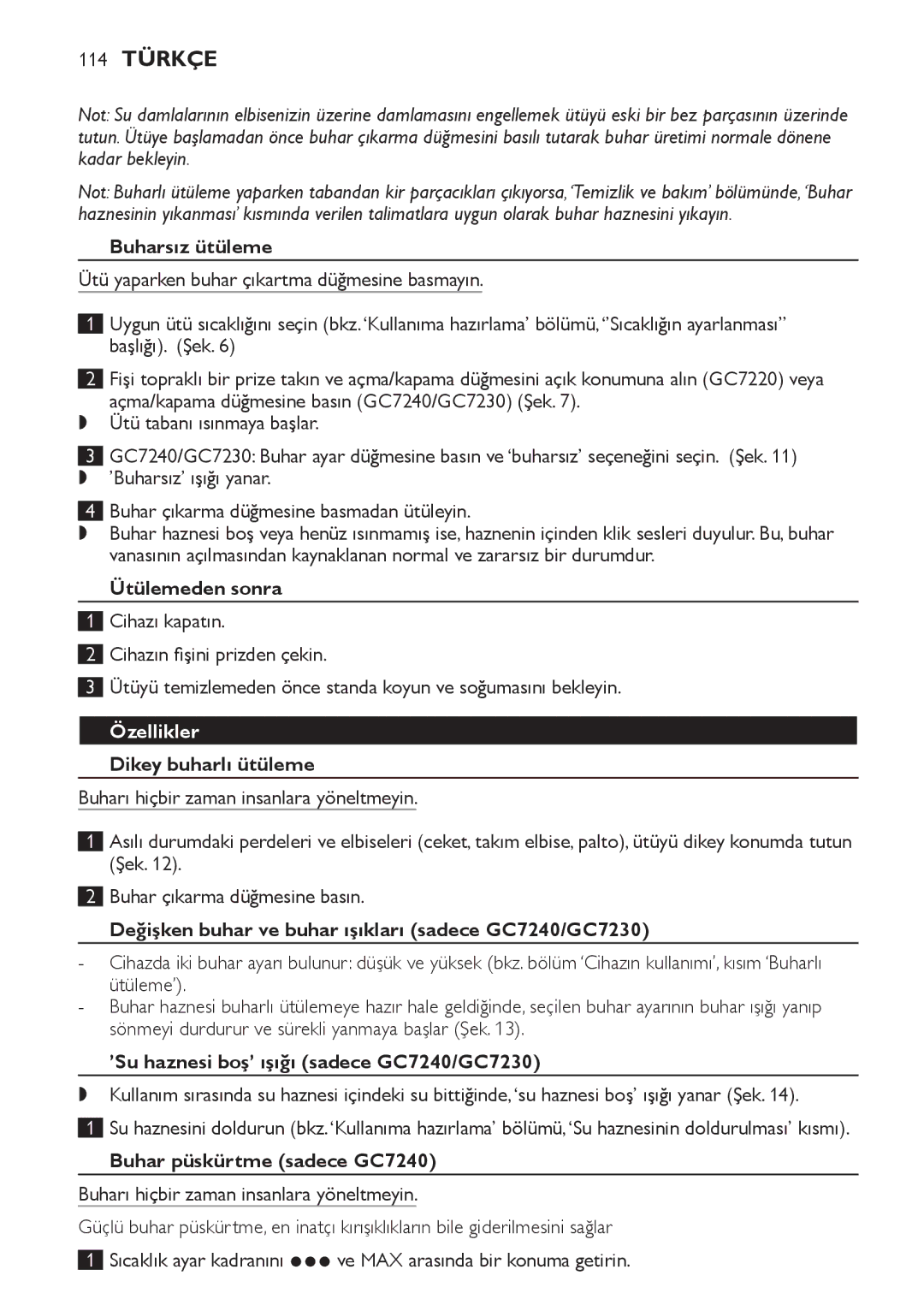 Philips GC7220, GC7230, GC7240 manual 114 Türkçe, Özellikler 