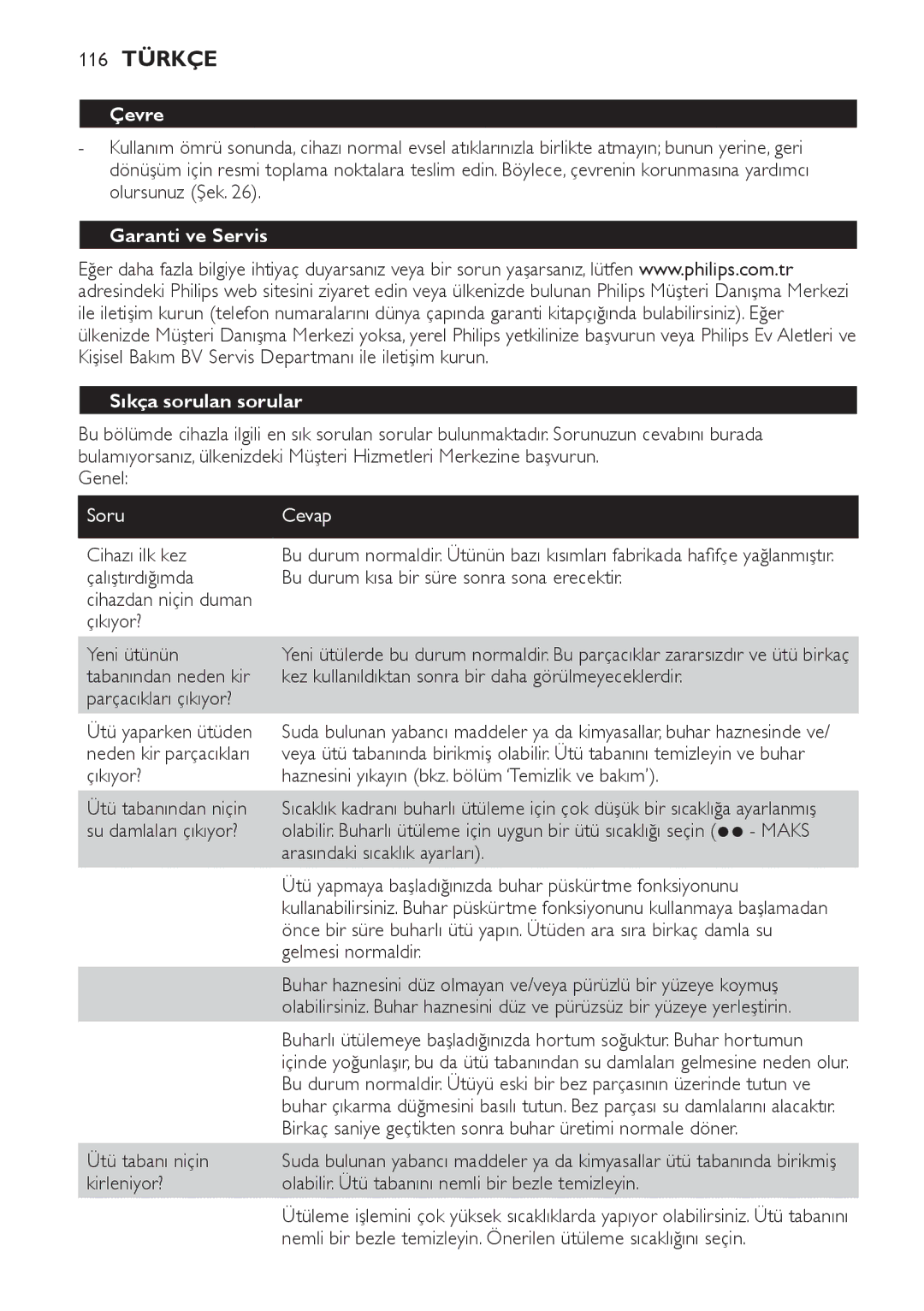 Philips GC7240, GC7220, GC7230 manual 116 Türkçe, Çevre, Garanti ve Servis Sıkça sorulan sorular, Soru Cevap 