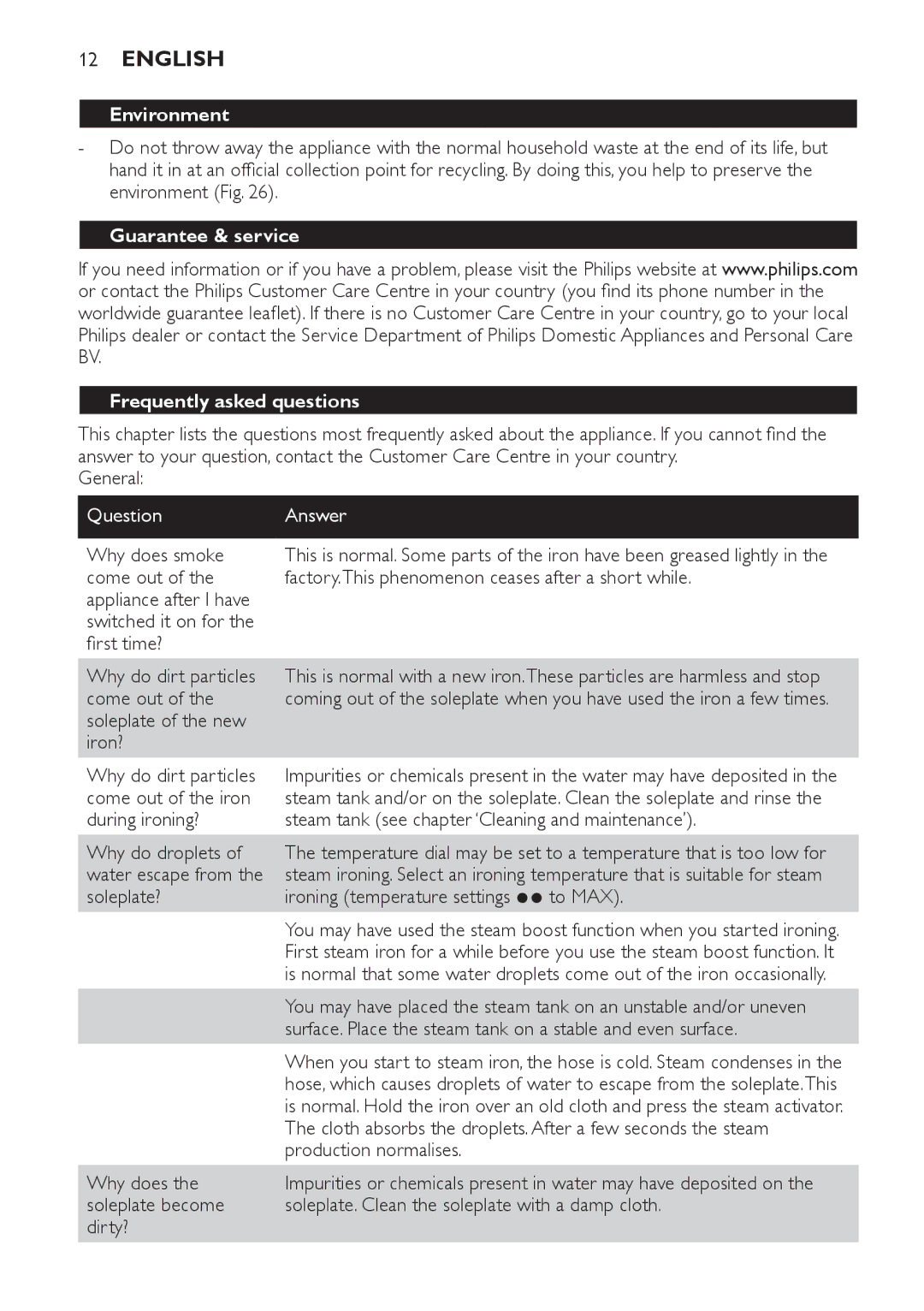 Philips GC7220 manual Environment, Guarantee & service Frequently asked questions, General, Question Answer, Why does smoke 