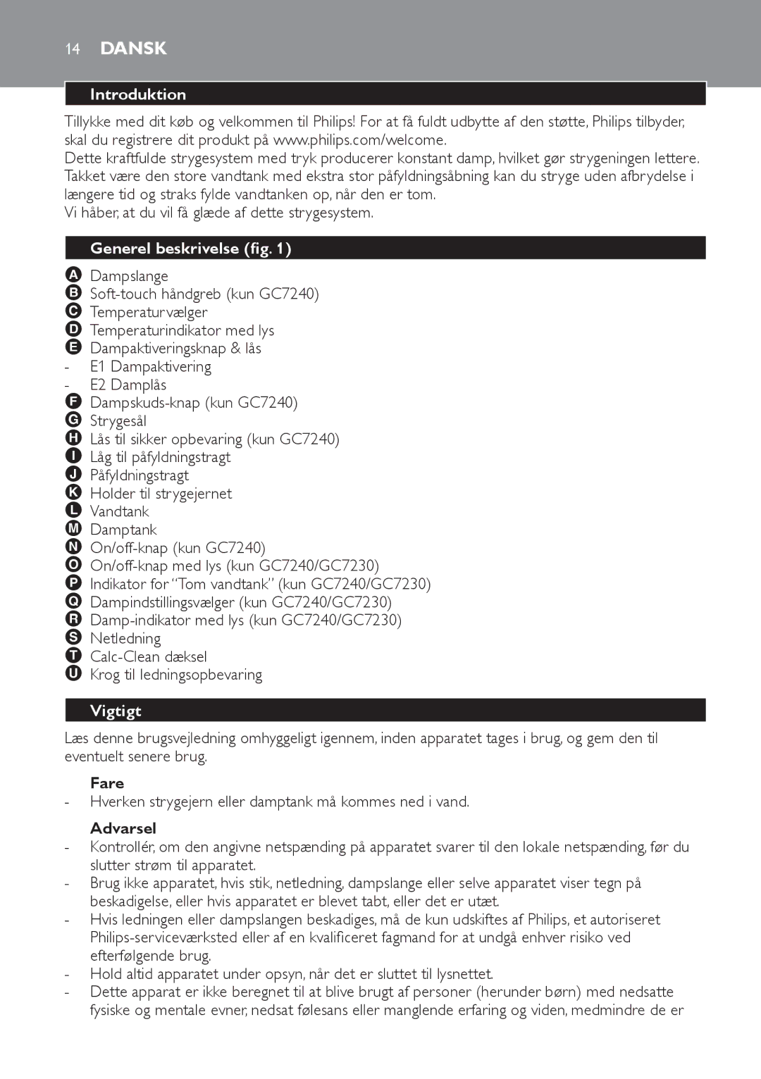 Philips GC7240, GC7220, GC7230 manual Dansk, Introduktion, Generel beskrivelse fig, Vigtigt, Fare 