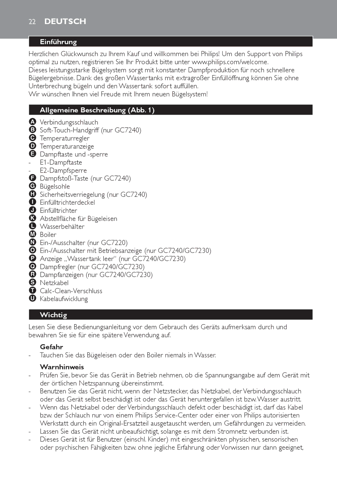 Philips GC7230, GC7220, GC7240 manual Deutsch, Einführung, Allgemeine Beschreibung Abb, Wichtig 