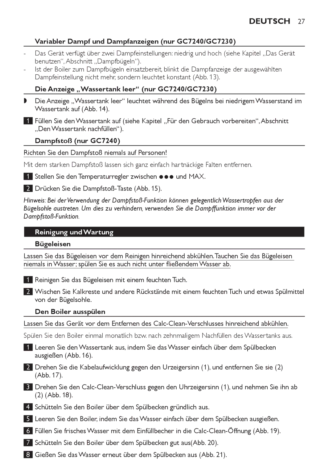 Philips GC7220, GC7230, GC7240 manual Reinigung und Wartung 