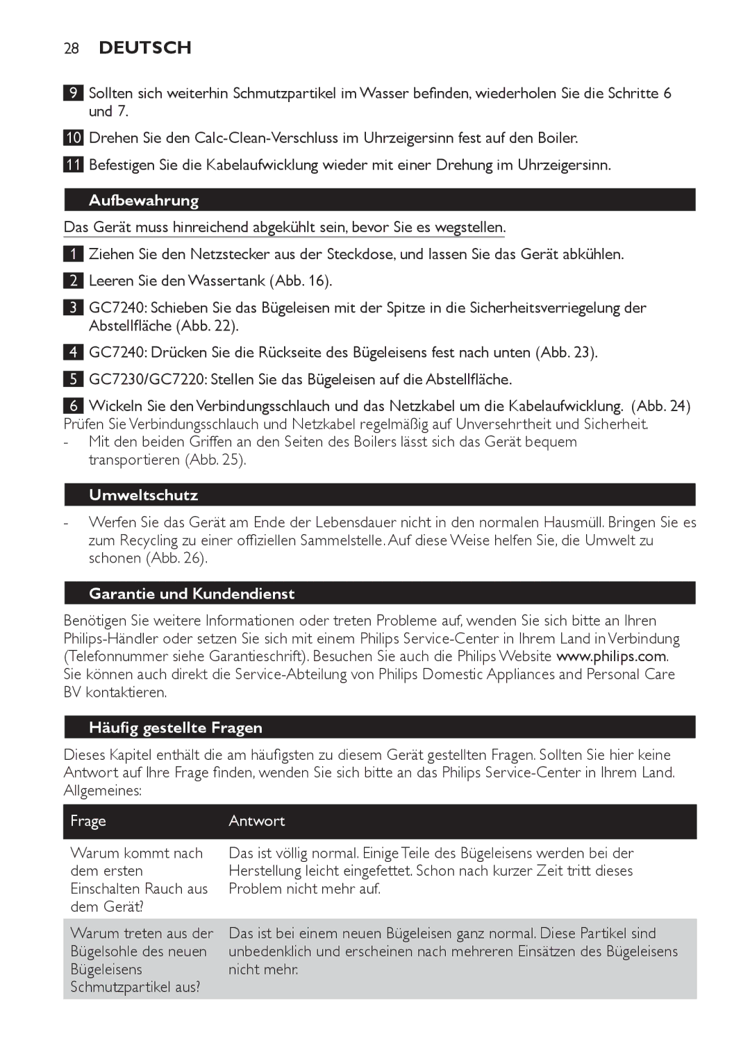 Philips GC7230, GC7220, GC7240 Aufbewahrung, Umweltschutz, Garantie und Kundendienst Häufig gestellte Fragen, Frage Antwort 