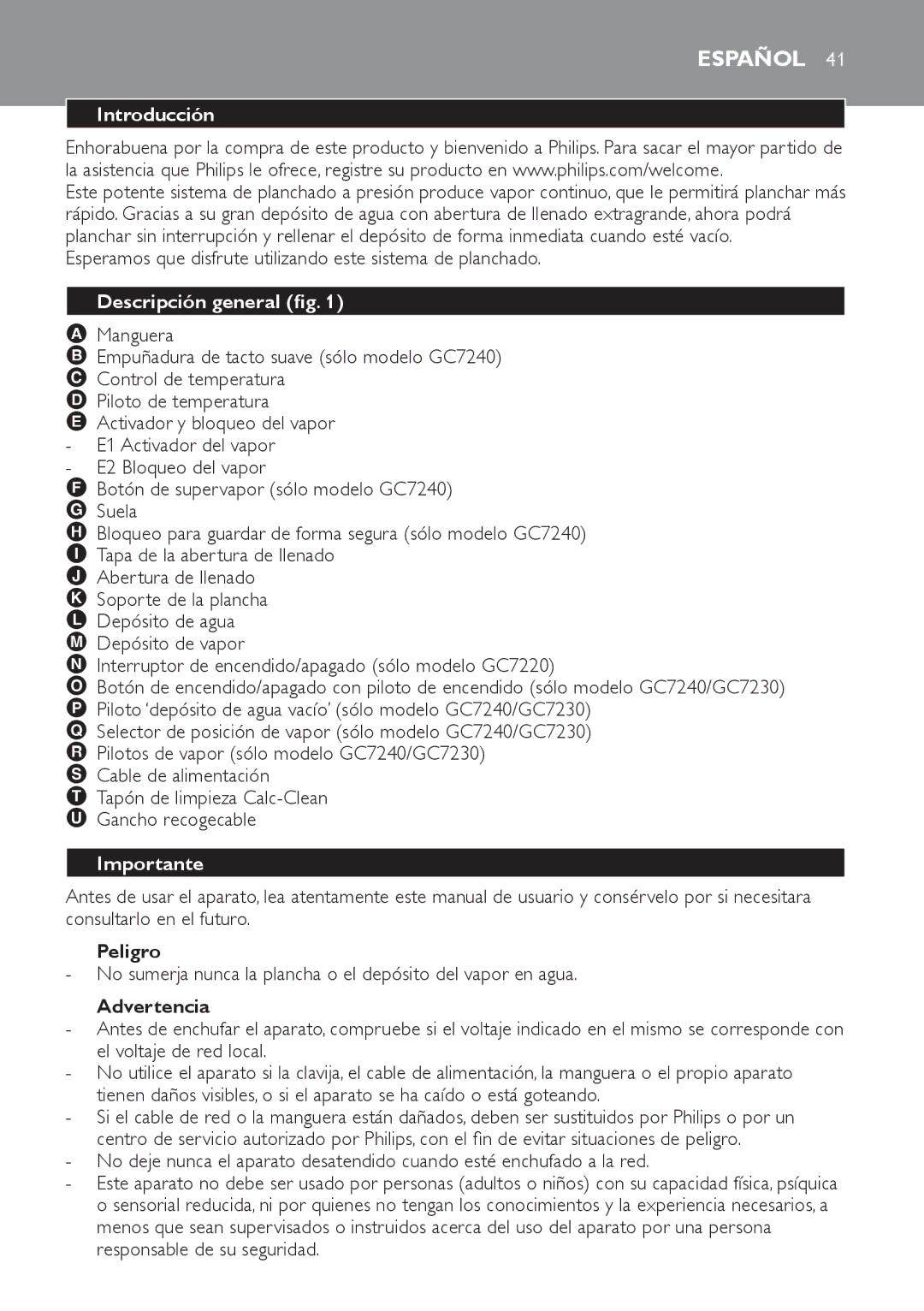 Philips GC7240, GC7220, GC7230 manual Español, Introducción, Descripción general fig, Importante 