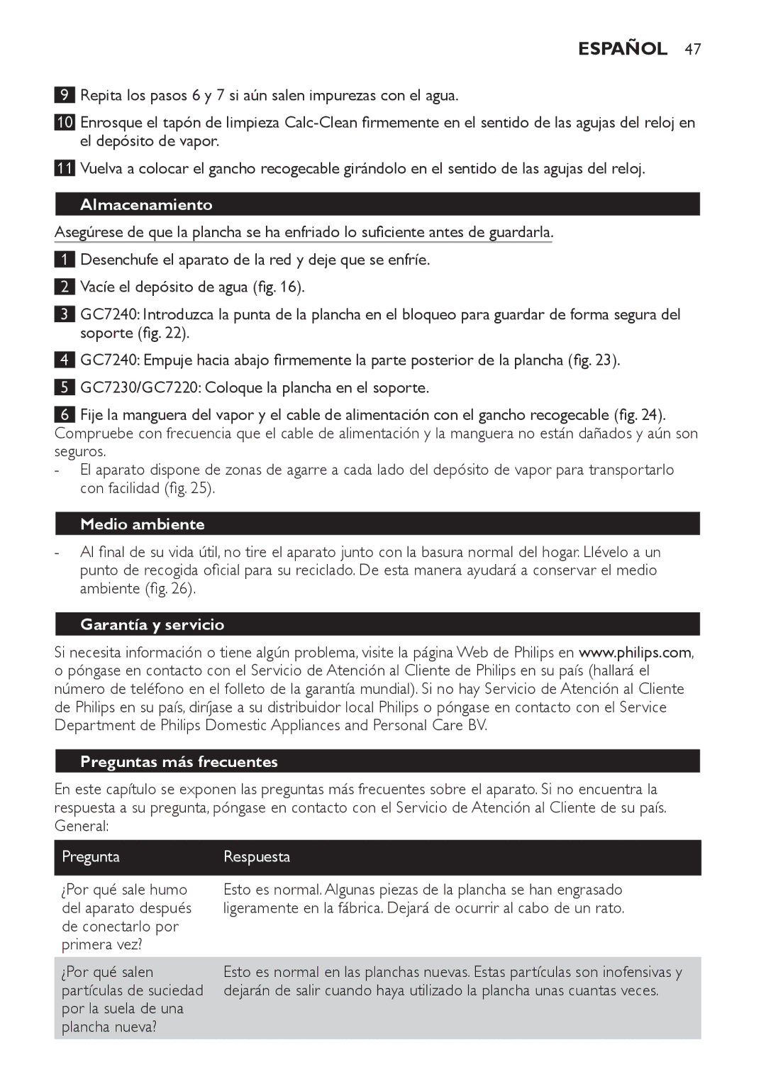 Philips GC7240, GC7220 Almacenamiento, Medio ambiente, Garantía y servicio Preguntas más frecuentes, PreguntaRespuesta 