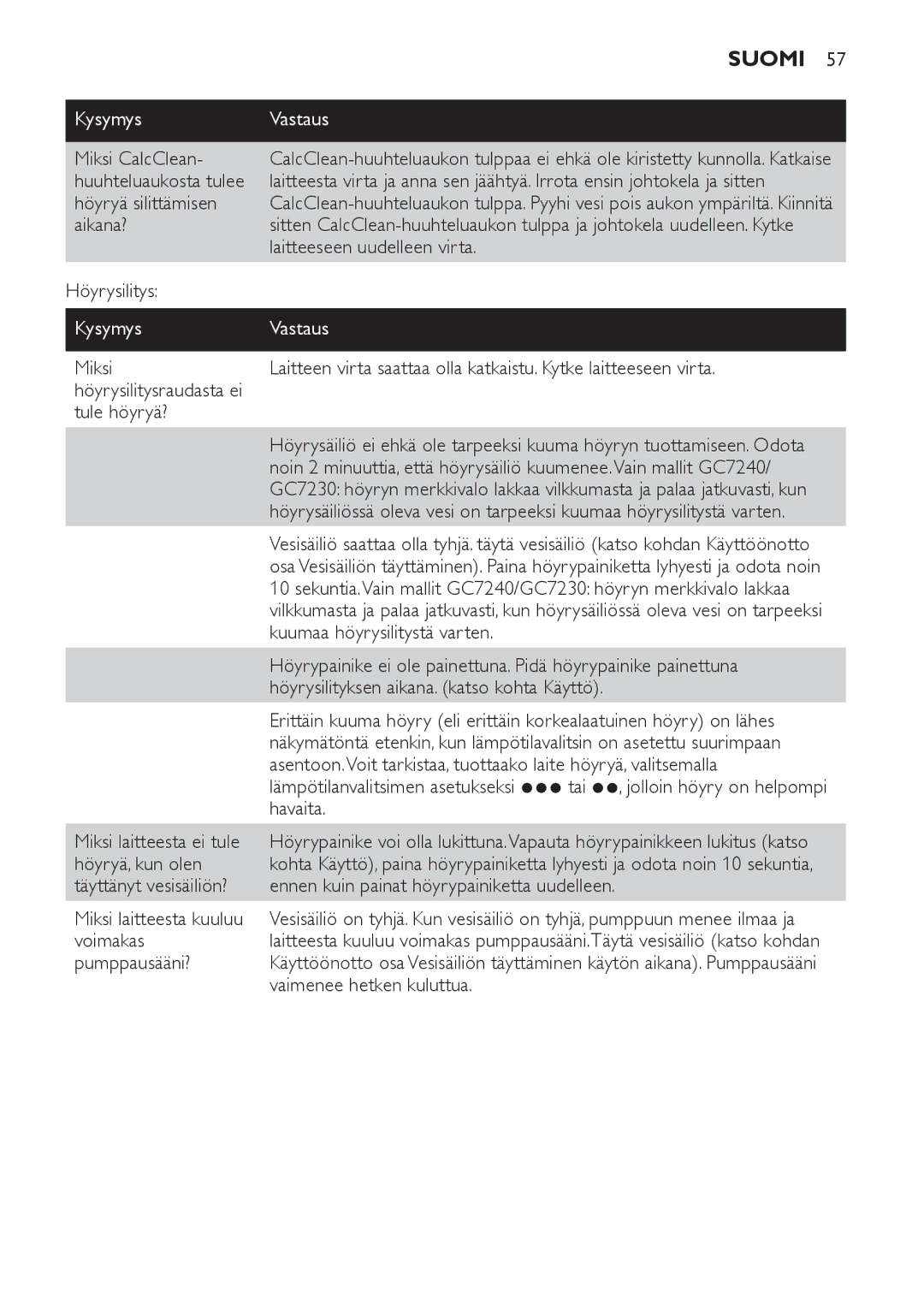 Philips GC7220 Miksi CalcClean, Höyryä silittämisen, Aikana?, Laitteeseen uudelleen virta, Höyrysilitys, Tule höyryä? 