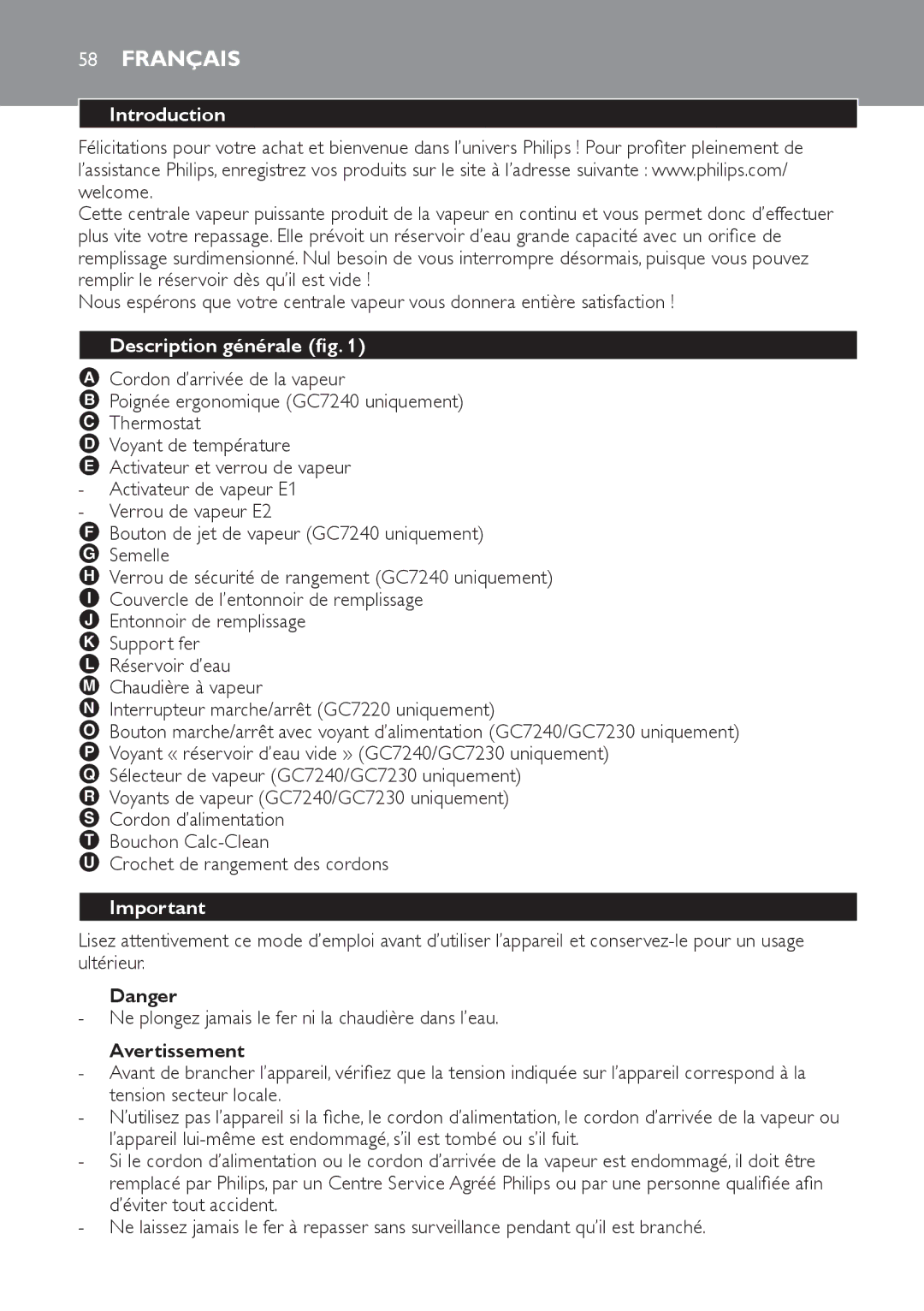 Philips GC7230, GC7220, GC7240 manual Français, Description générale fig, Avertissement 