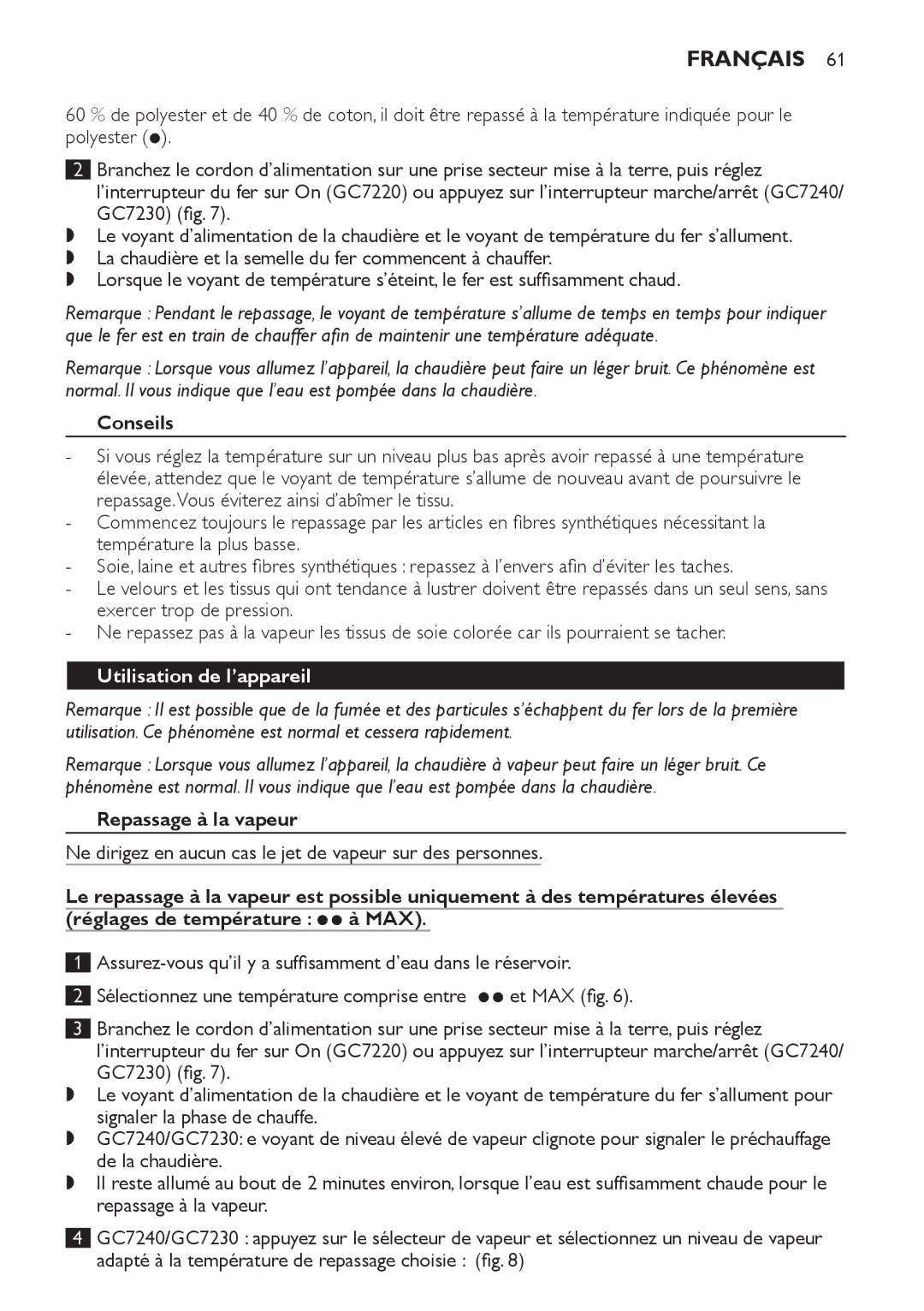 Philips GC7230, GC7220, GC7240 manual Conseils, Utilisation de l’appareil, Repassage à la vapeur 