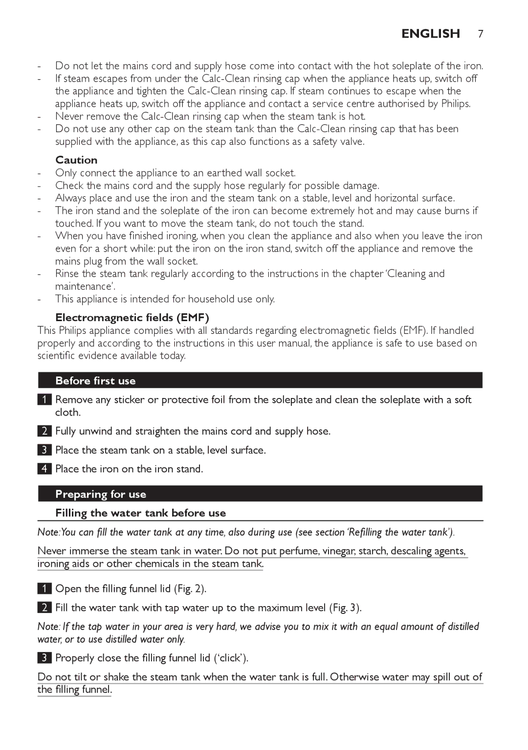 Philips GC7230 English, Electromagnetic fields EMF, Before first use, Preparing for use, Filling the water tank before use 