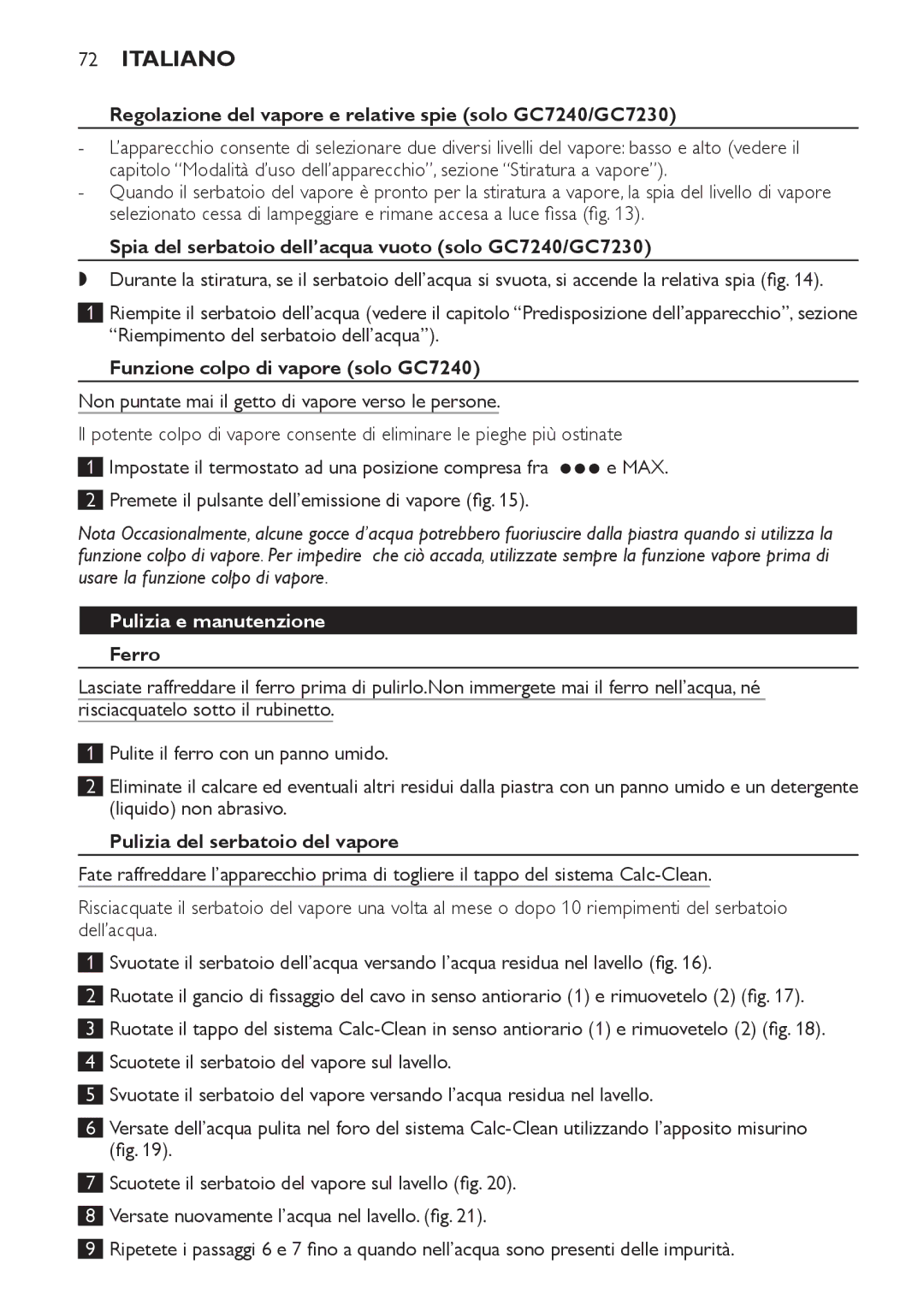 Philips GC7220, GC7230, GC7240 manual Pulizia e manutenzione 