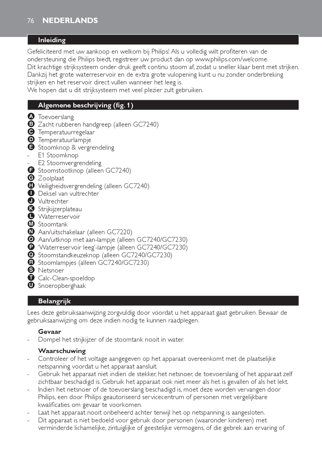 Philips GC7230, GC7220, GC7240 manual Nederlands, Inleiding, Algemene beschrijving fig, Belangrijk 