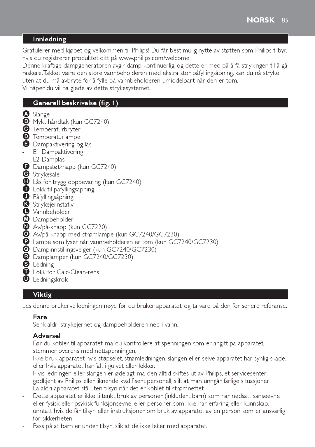 Philips GC7230 manual Norsk, Innledning, Vi håper du vil ha glede av dette strykesystemet, Generell beskrivelse fig, Viktig 