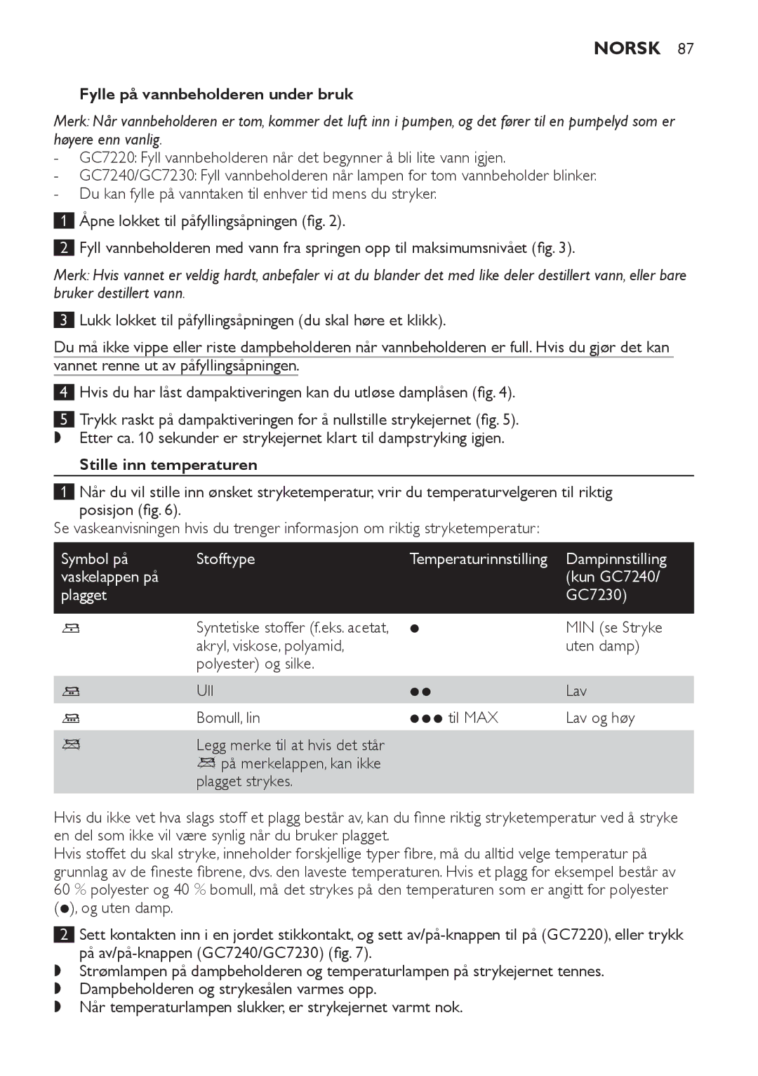 Philips GC7220, GC7230 Fylle på vannbeholderen under bruk, Stille inn temperaturen, Symbol på Stofftype, Dampinnstilling 