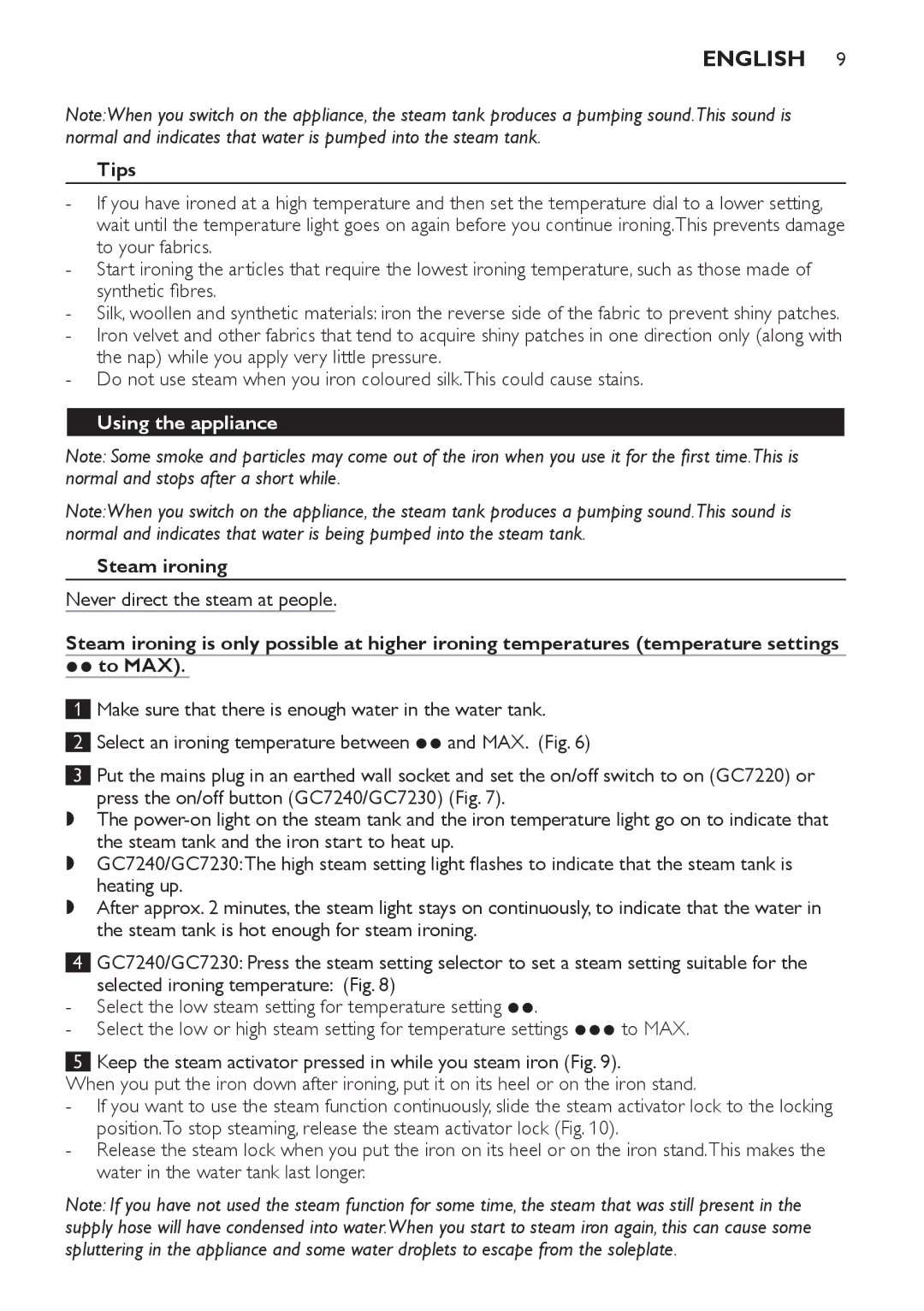 Philips GC7220, GC7230, GC7240 manual Tips, Using the appliance, Steam ironing, Never direct the steam at people 