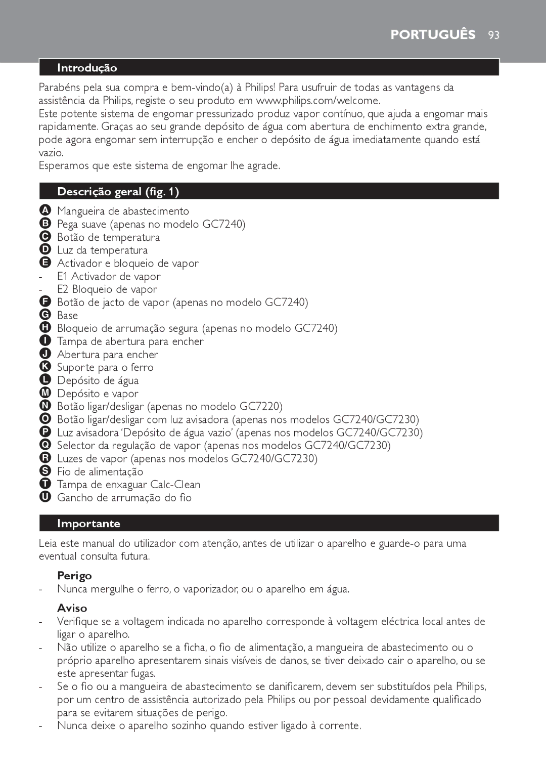 Philips GC7220, GC7230, GC7240 manual Português, Introdução, Descrição geral fig, Perigo, Aviso 