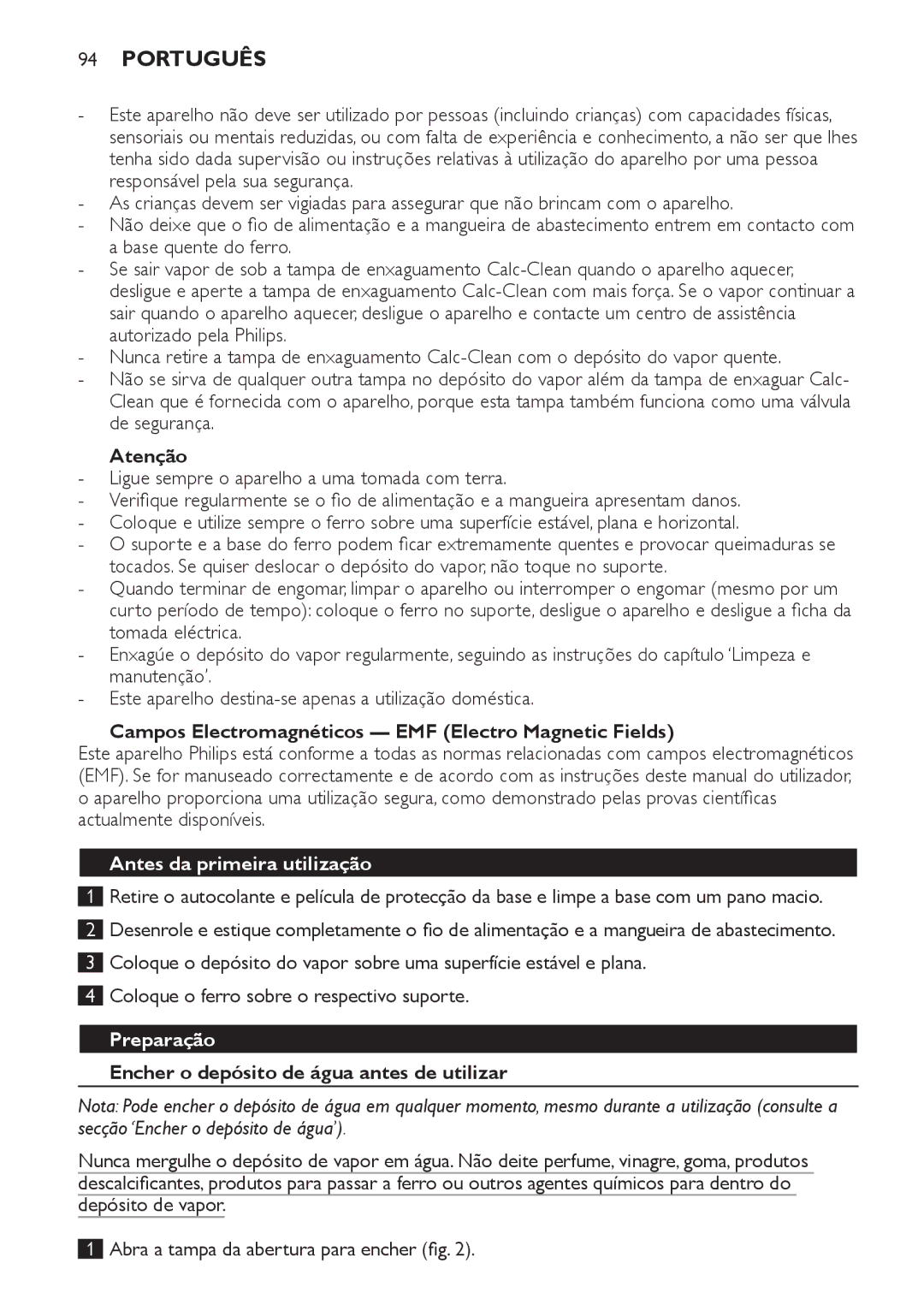 Philips GC7230, GC7220, GC7240 manual Português, Antes da primeira utilização, Preparação 