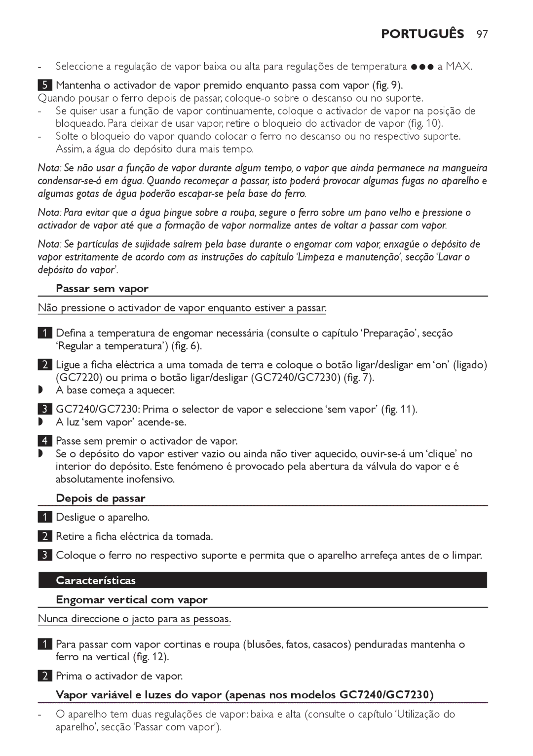 Philips GC7230, GC7220, GC7240 manual Passar sem vapor, Depois de passar, Engomar vertical com vapor 