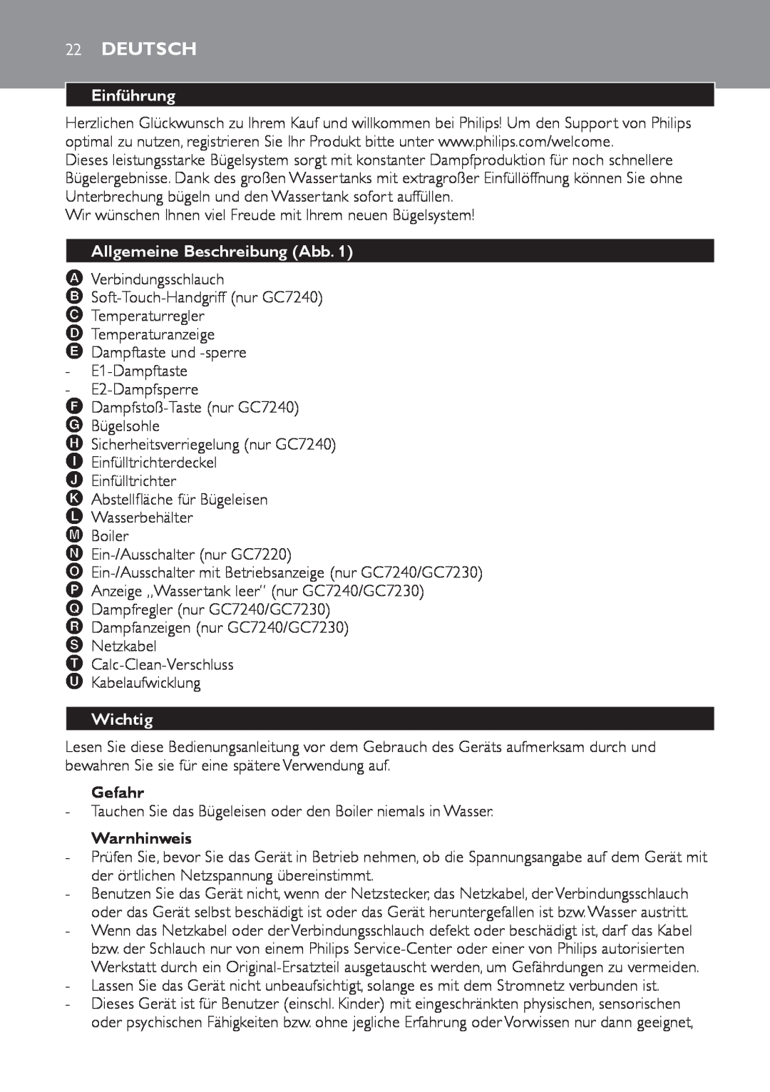 Philips GC7230, GC7220, GC7240 manual Deutsch, Einführung, Allgemeine Beschreibung Abb, Wichtig, Gefahr, Warnhinweis 