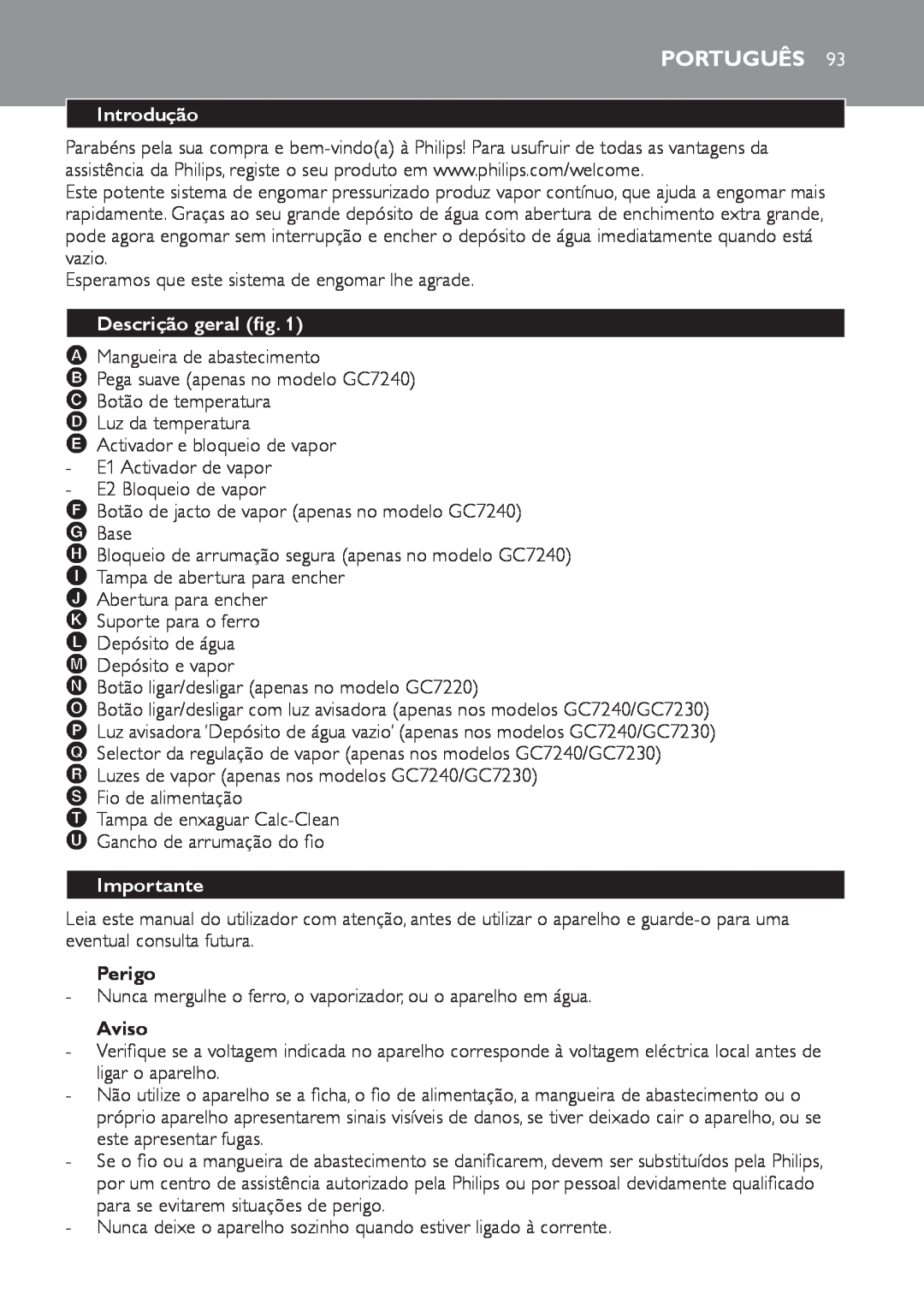 Philips GC7220, GC7230, GC7240 manual Português, Introdução, Descrição geral fig, Perigo, Aviso, Importante 