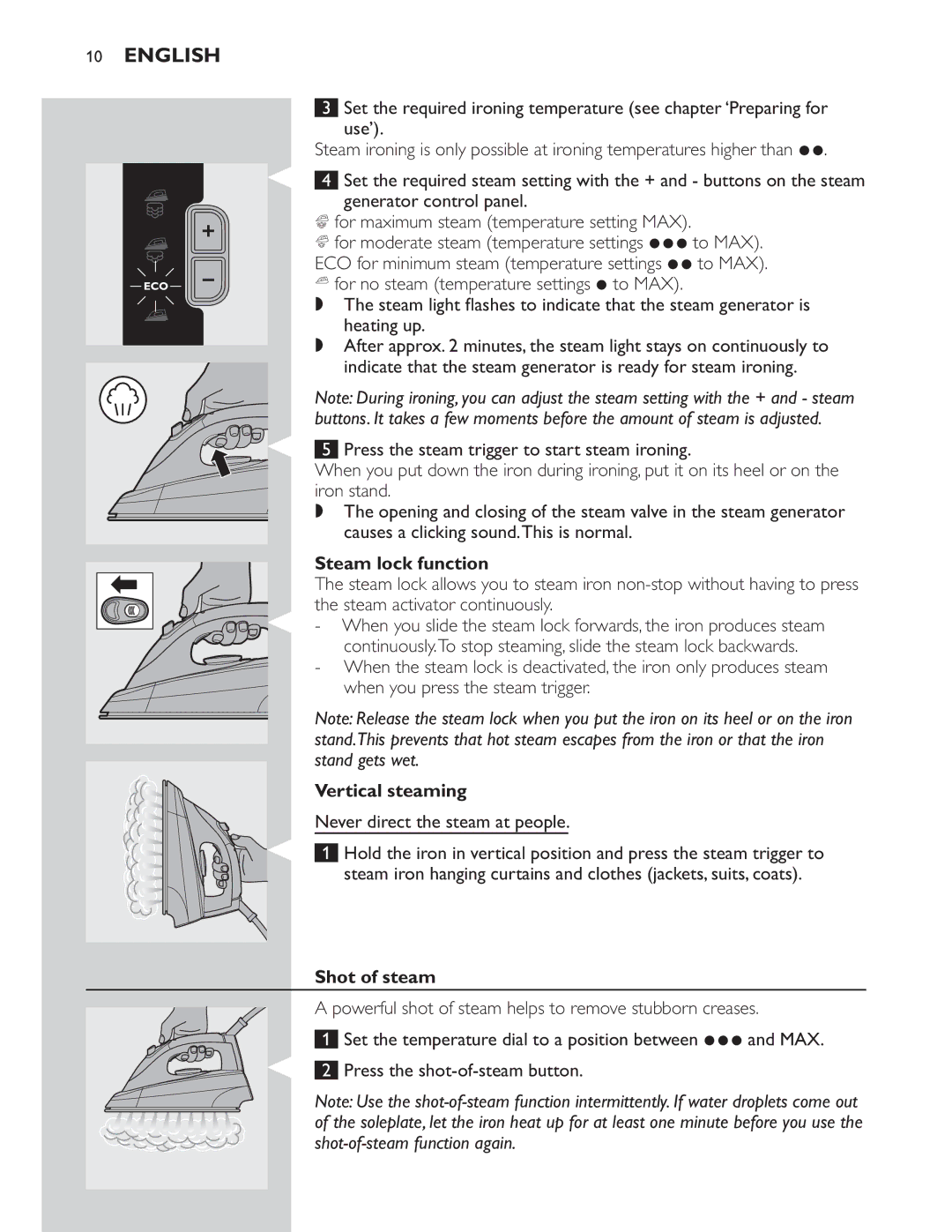 Philips GC8300 Series manual Steam lock function, Vertical steaming, Shot of steam 