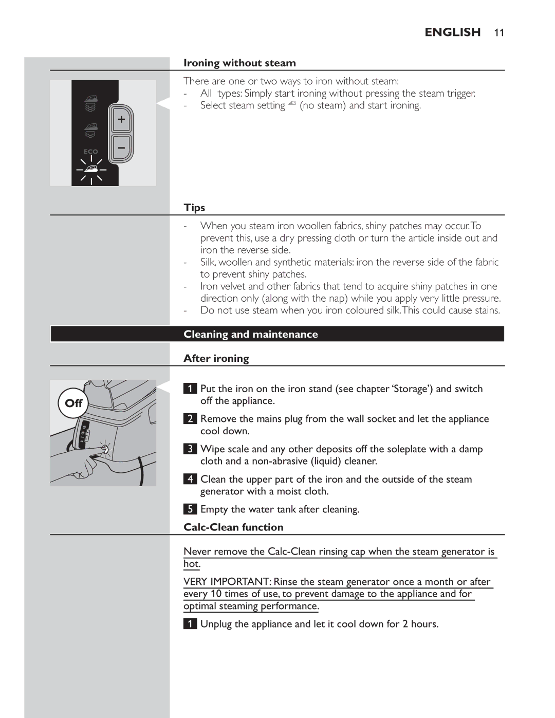 Philips GC8300 Series manual Ironing without steam, Cleaning and maintenance, Calc-Clean function 