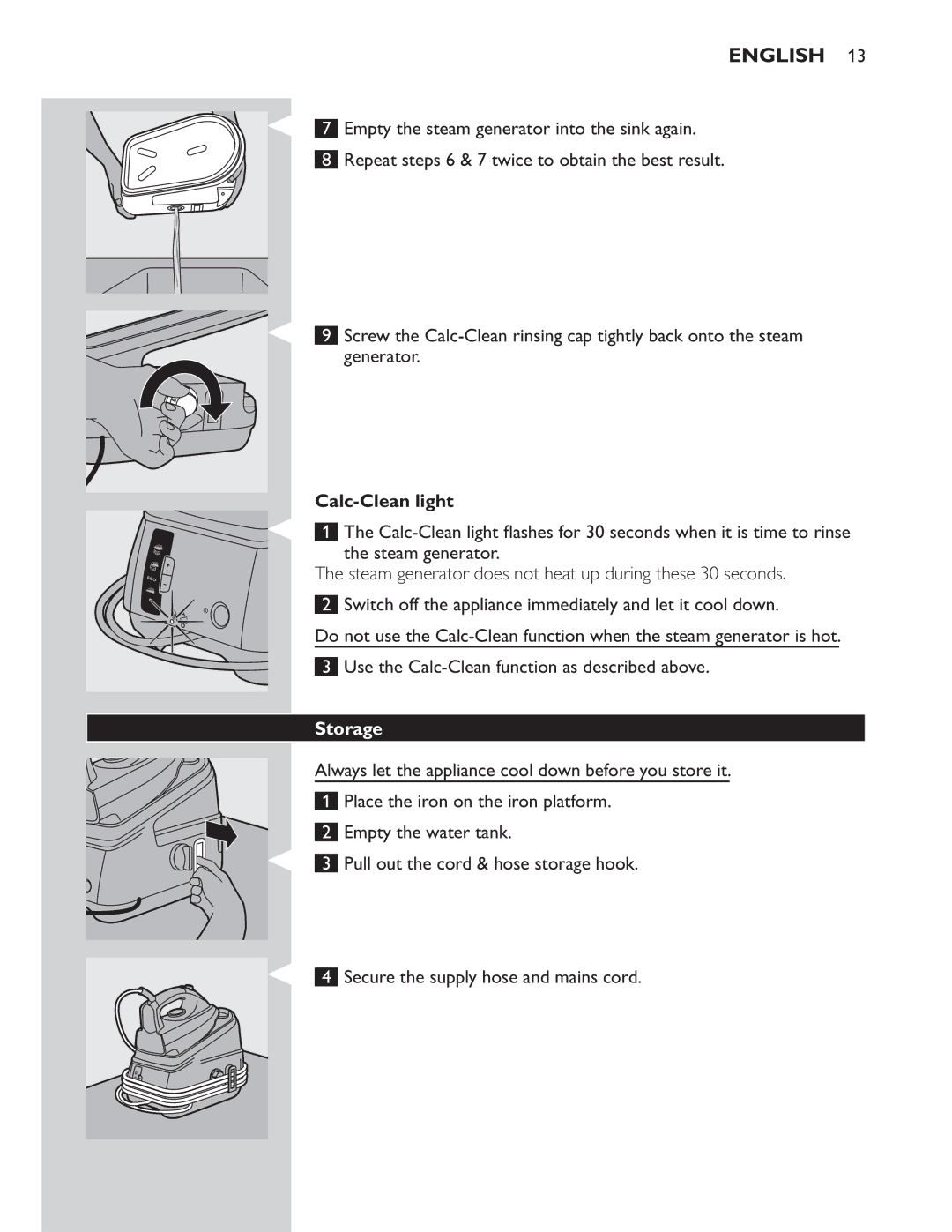 Philips GC8300 Series manual Calc-Clean light, Storage 