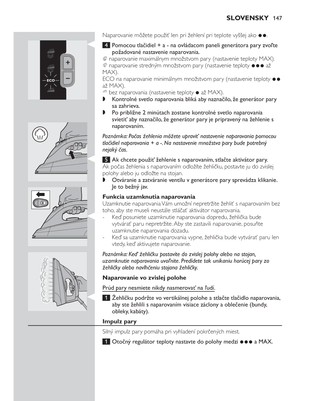 Philips GC8300 Series manual Funkcia uzamknutia naparovania Impulz pary 