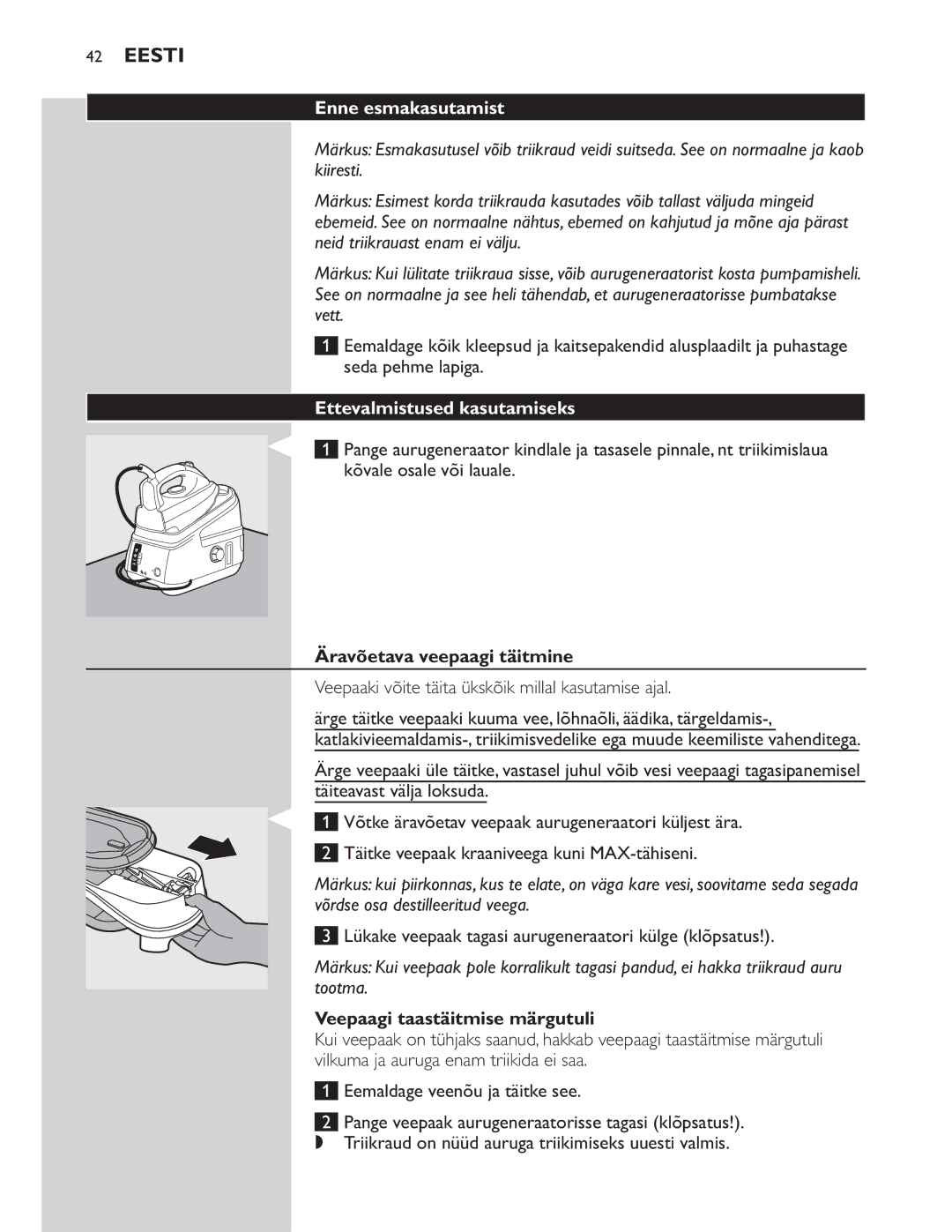 Philips GC8300 Series manual Enne esmakasutamist, Ettevalmistused kasutamiseks 