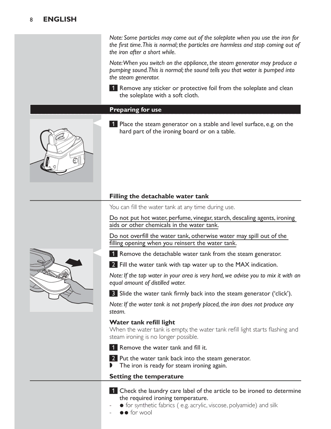 Philips GC8300 Series manual Preparing for use, Filling the detachable water tank, Setting the temperature 