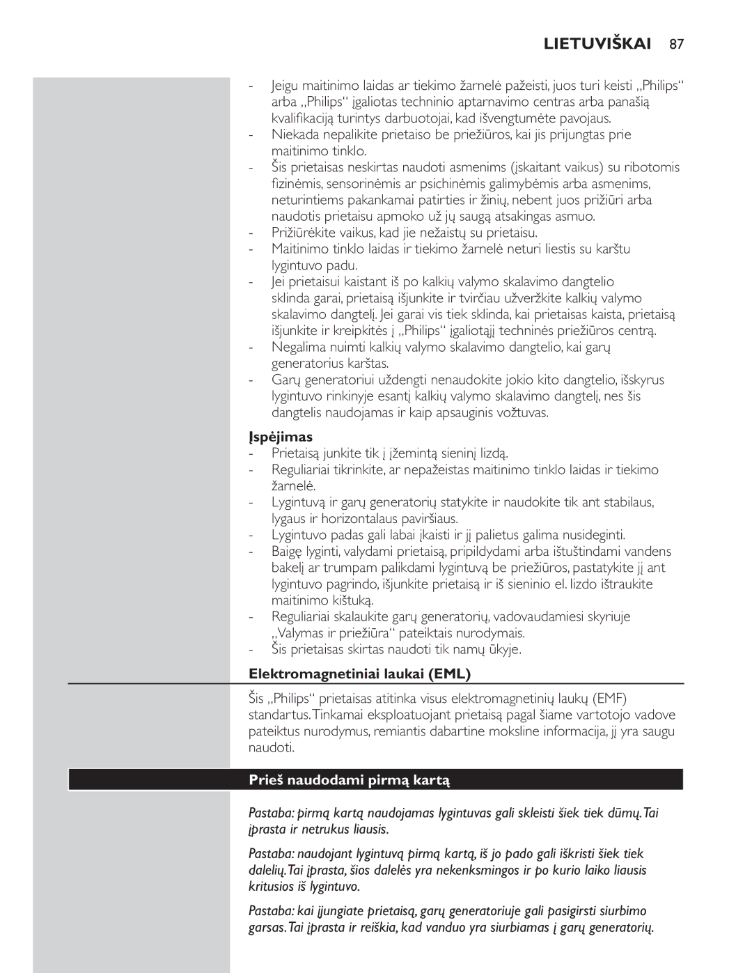 Philips GC8300 Series manual Elektromagnetiniai laukai EML 