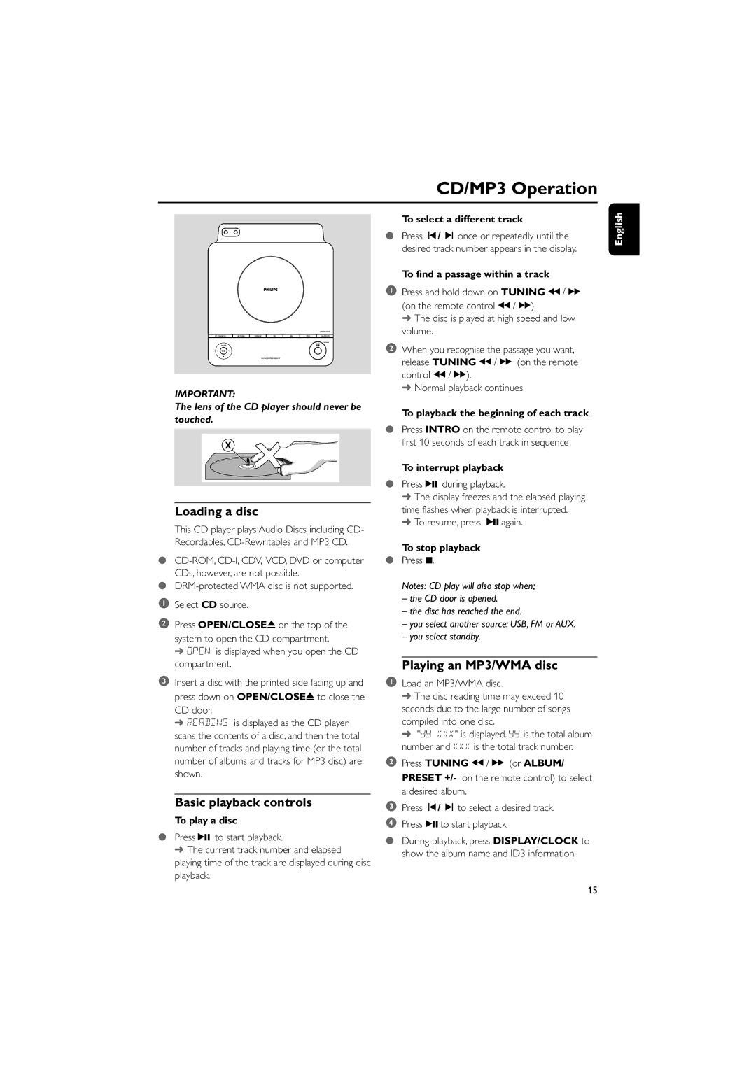 Philips GFP451-1825BX-1 user manual CD/MP3 Operation, Loading a disc, Basic playback controls, Playing an MP3/WMA disc 