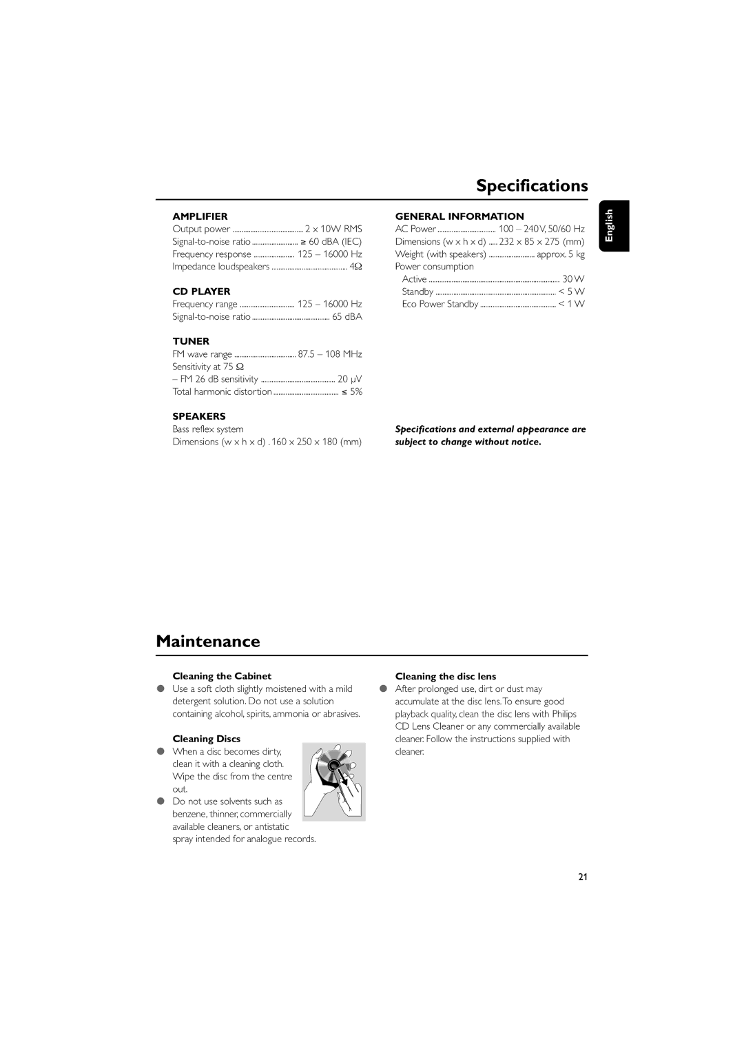 Philips GFP451-1825BX-1 Specifications, Maintenance, Cleaning the Cabinet, Cleaning Discs, Cleaning the disc lens 