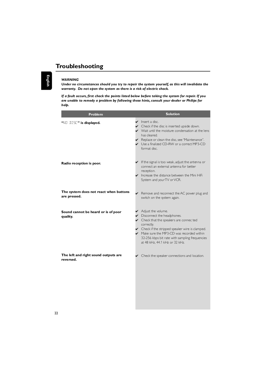 Philips GFP451-1825BX-1 user manual Troubleshooting, Check the speaker connections and location 