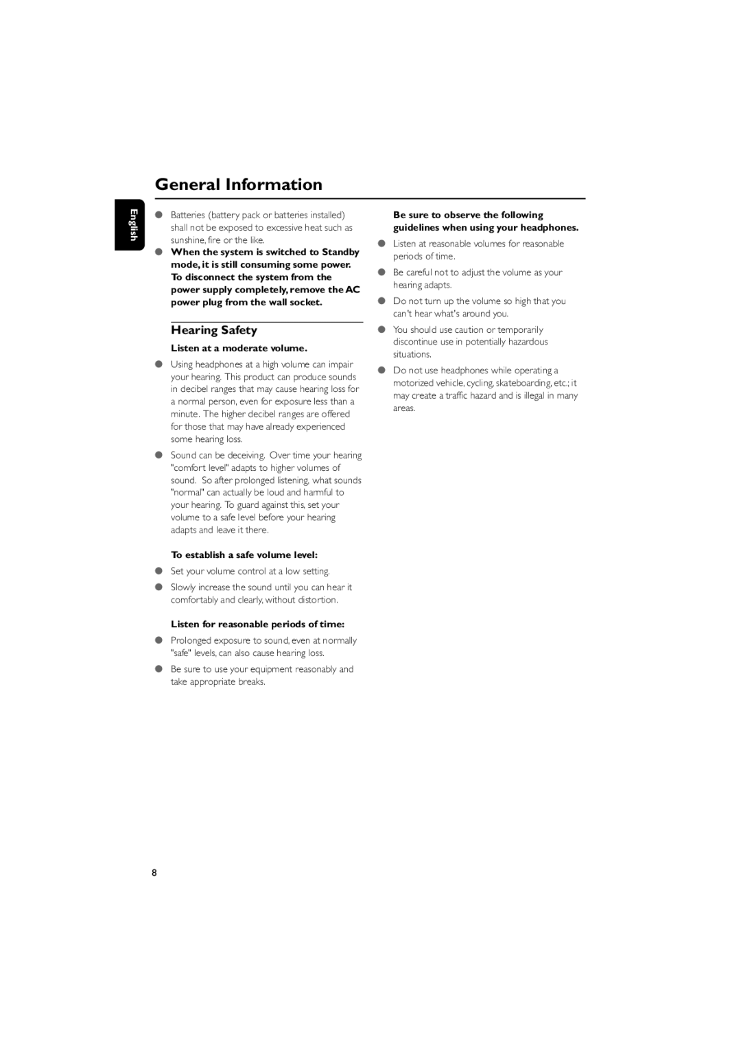 Philips GFP451-1825BX-1 user manual Hearing Safety, Listen at a moderate volume, To establish a safe volume level 