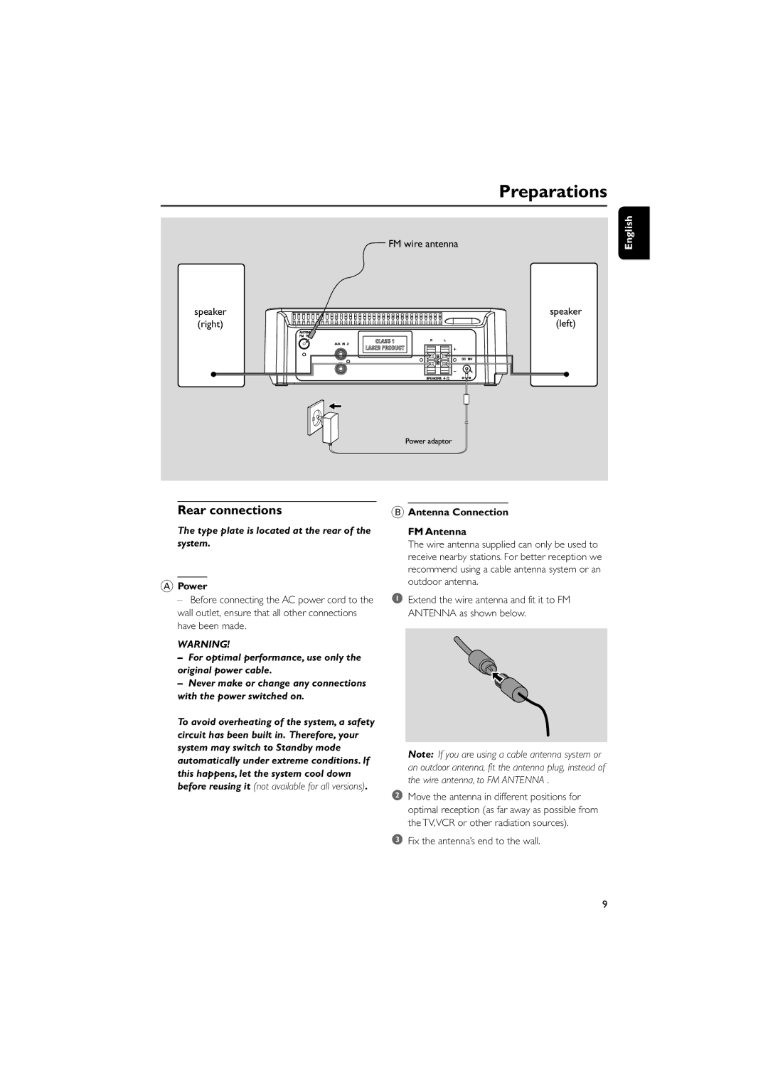 Philips GFP451-1825BX-1 user manual Preparations, Rear connections, Power, Antenna Connection FM Antenna 