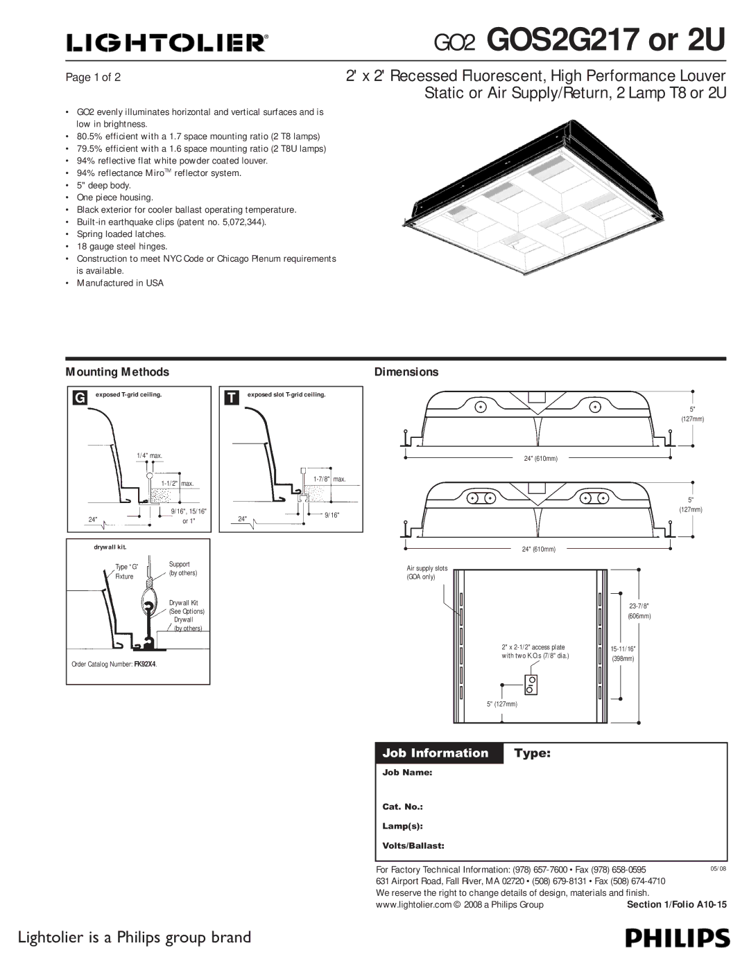 Philips GO2 dimensions Mounting Methods, Dimensions, 80.5% efficient with a 1.7 space mounting ratio 2 T8 lamps 