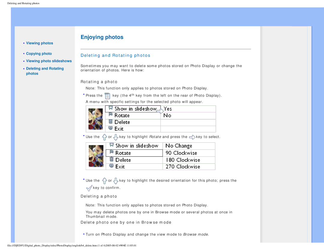 Philips GPIM-08 Deleting and Rotating photos, Rotating a photo, Deleting a photo, Delete photo one by one in Browse mode 