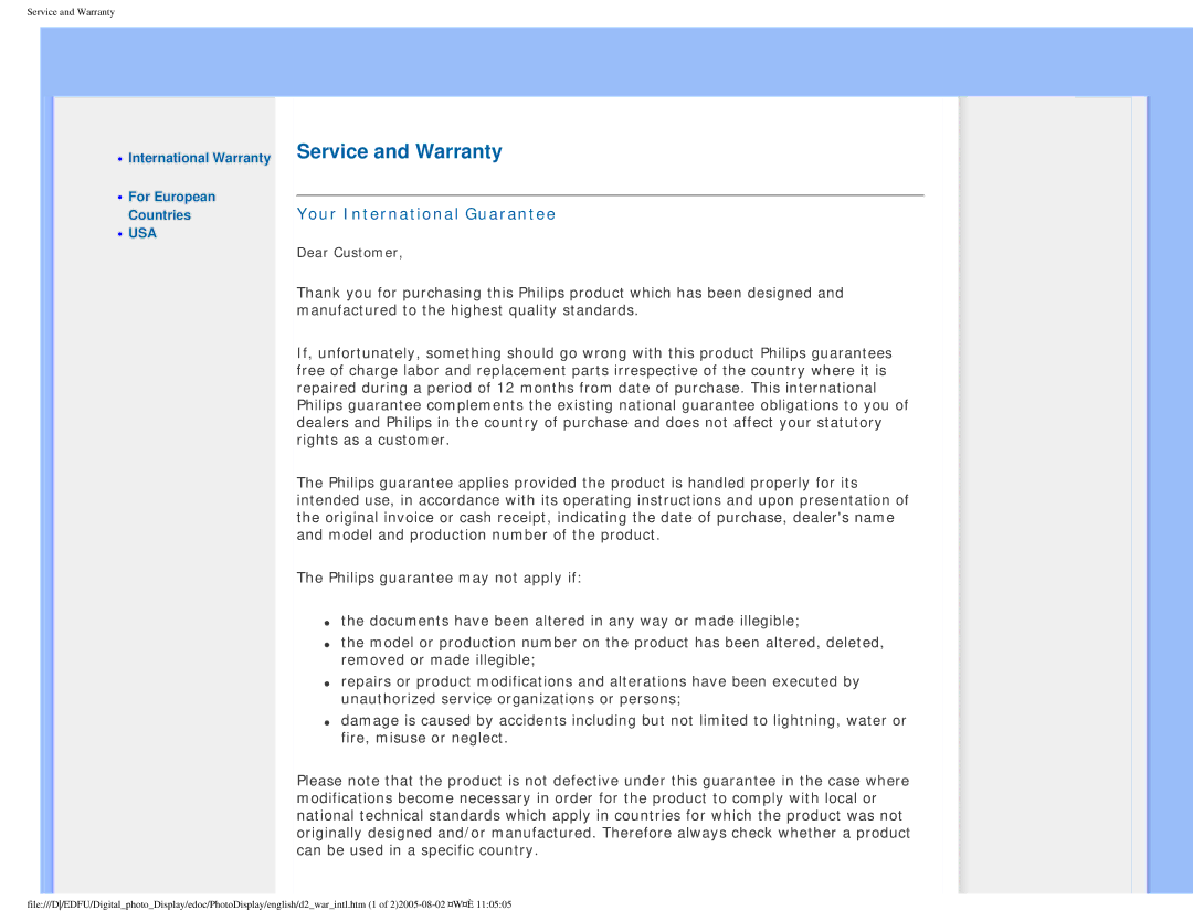 Philips GPIM-08 warranty Service and Warranty, Your International Guarantee 