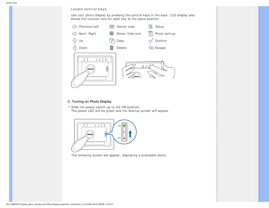 Philips GPIM-08 warranty Locate control keys, Turning on Photo Display 